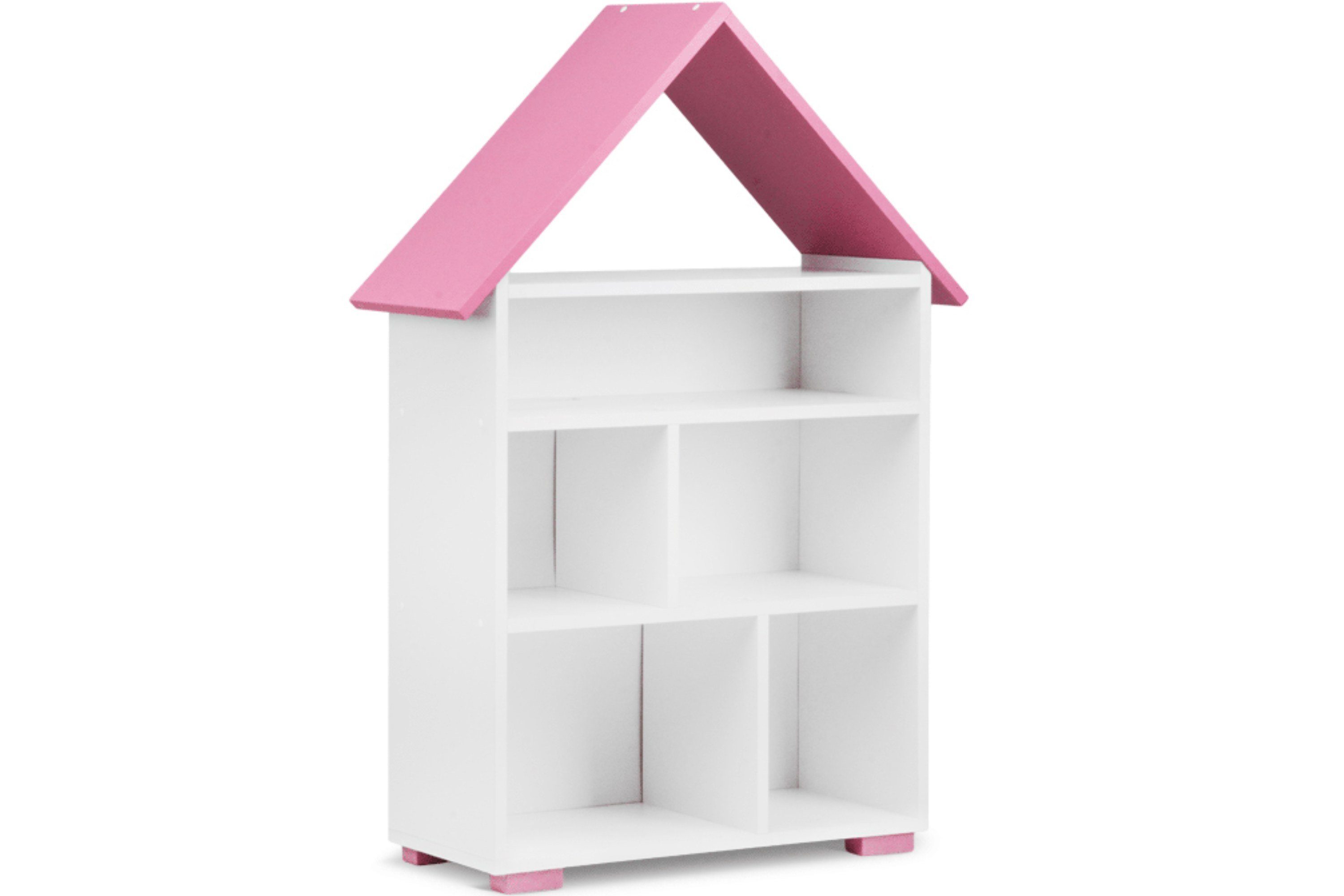 Konsimo Kinderregal PABIS Kinder Bücherregal Hausform, geräumig, in Pastellfarben, ABS-Kanten weiß/rosa