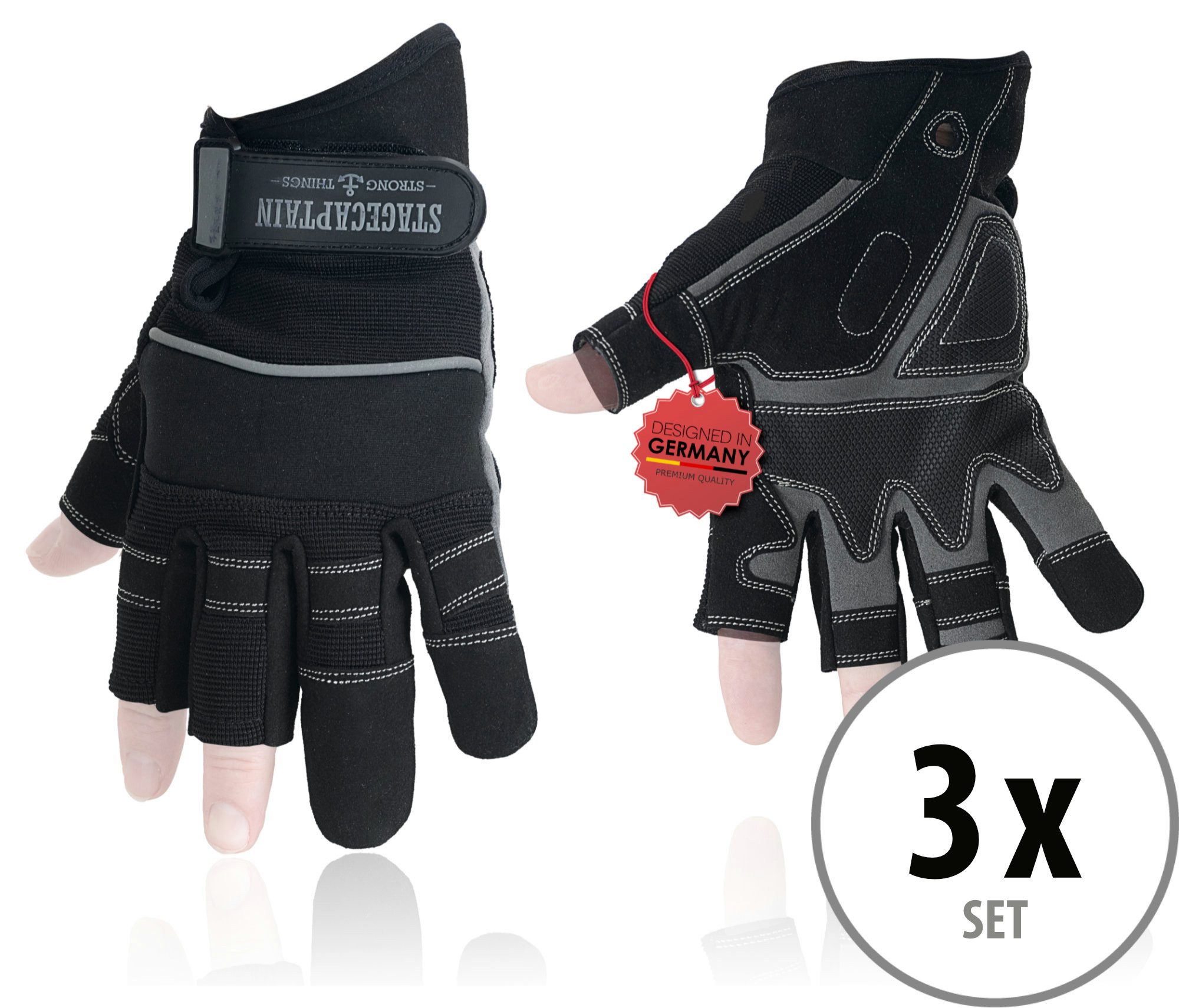 Stagecaptain Arbeitshandschuh-Set Rigger Handschuhe mit 3 kurzen Fingern - Größe L (3-St) Innenfläche aus Kunstleder
