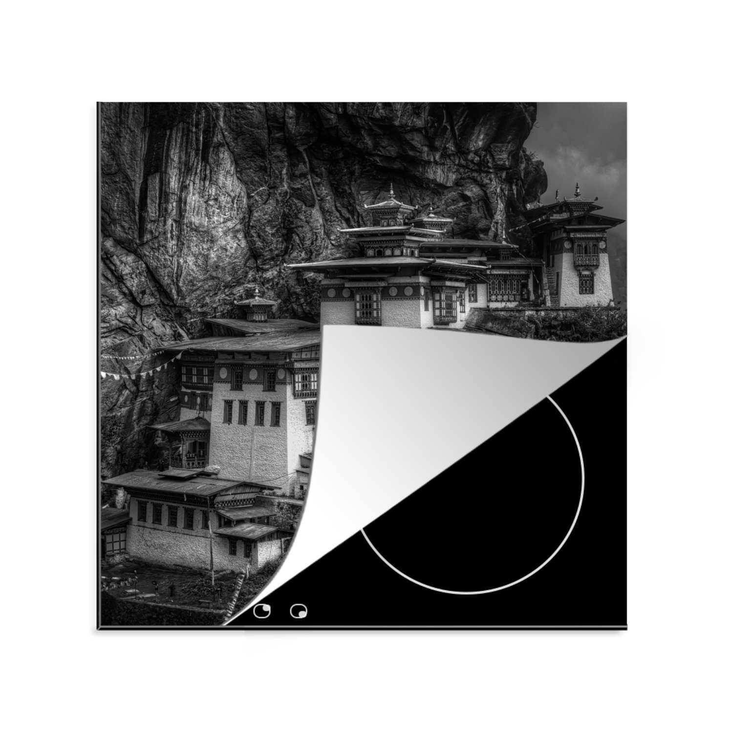 Ceranfeldabdeckung, für Herdblende-/Abdeckplatte tlg), Schwarz Tempel, Vinyl, Weiß - cm, küche Bhutan (1 MuchoWow - - 78x78 Arbeitsplatte
