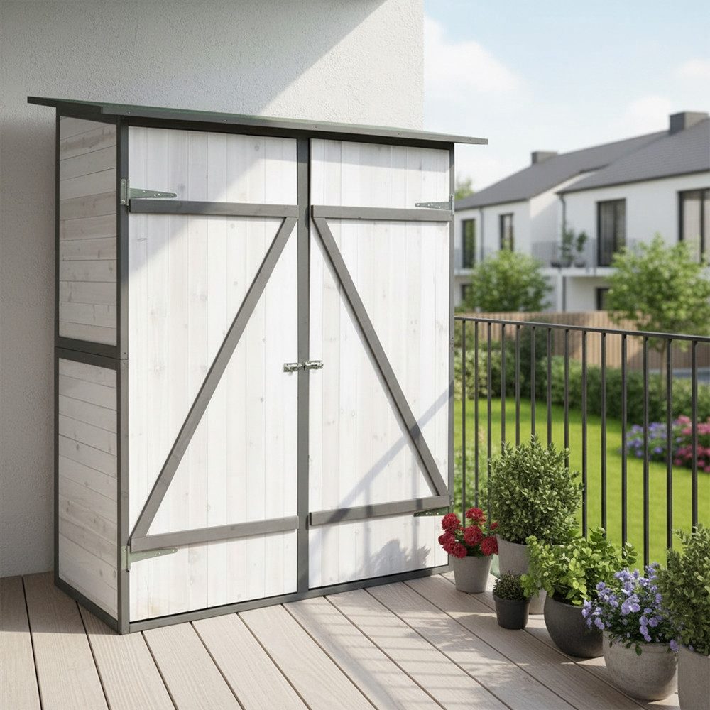 Melko Gartenhaus Gartenschrank Gartenhaus Gerätehaus aus Holz in Weiß, (Stück, mit Asphaltmatte, Dach und Doppelflügeltüren & Schloss), Fußboden und Zweiflügeltür mit Schiebeverriegelung