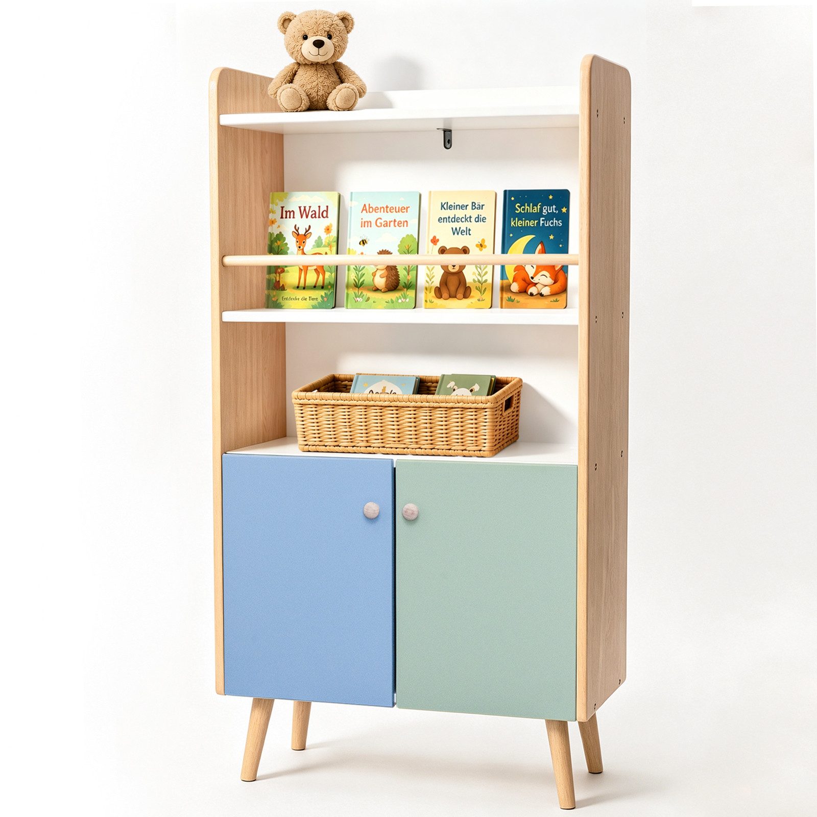 ALVIX Kinderregal NESTA 4, 4-in-1 mit frontaler Buchablage, 2 Türen und Kippschutz