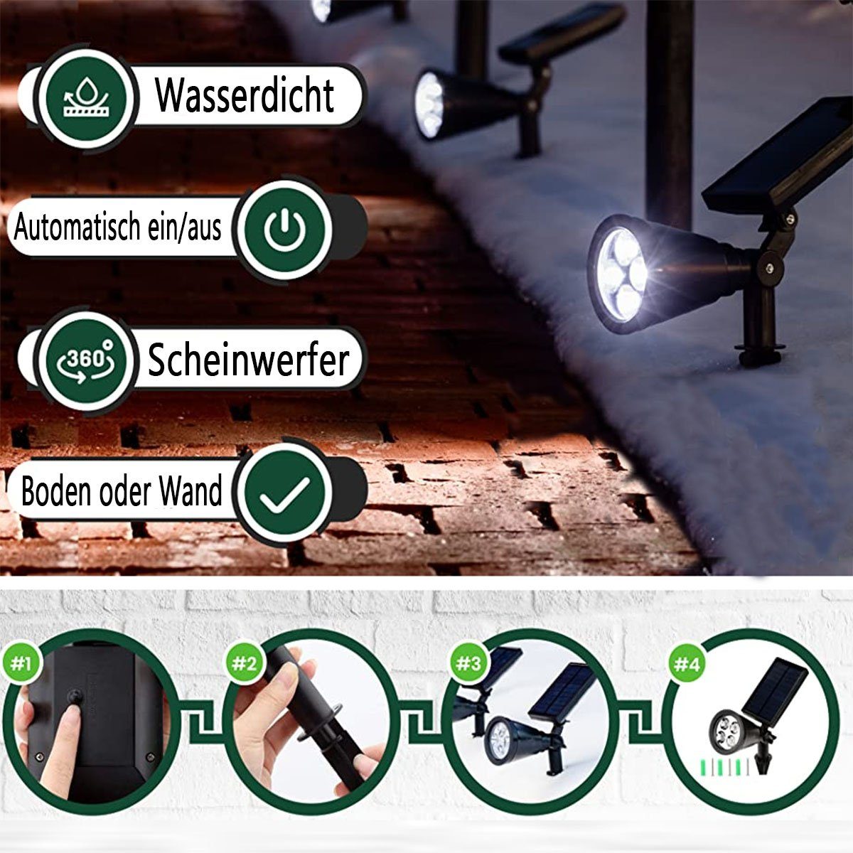 oyajia LED Solarleuchte Solarleuchte 4x Baum, Deck, LED Scheinwerfer einstellbar Terrasse, Poolbereich Superhelle integriert, Wand, Kaltweißes 180 -Winkel fest ° für 200-LM-Landschaftslampen, Scheinwerfer, 4LEDs