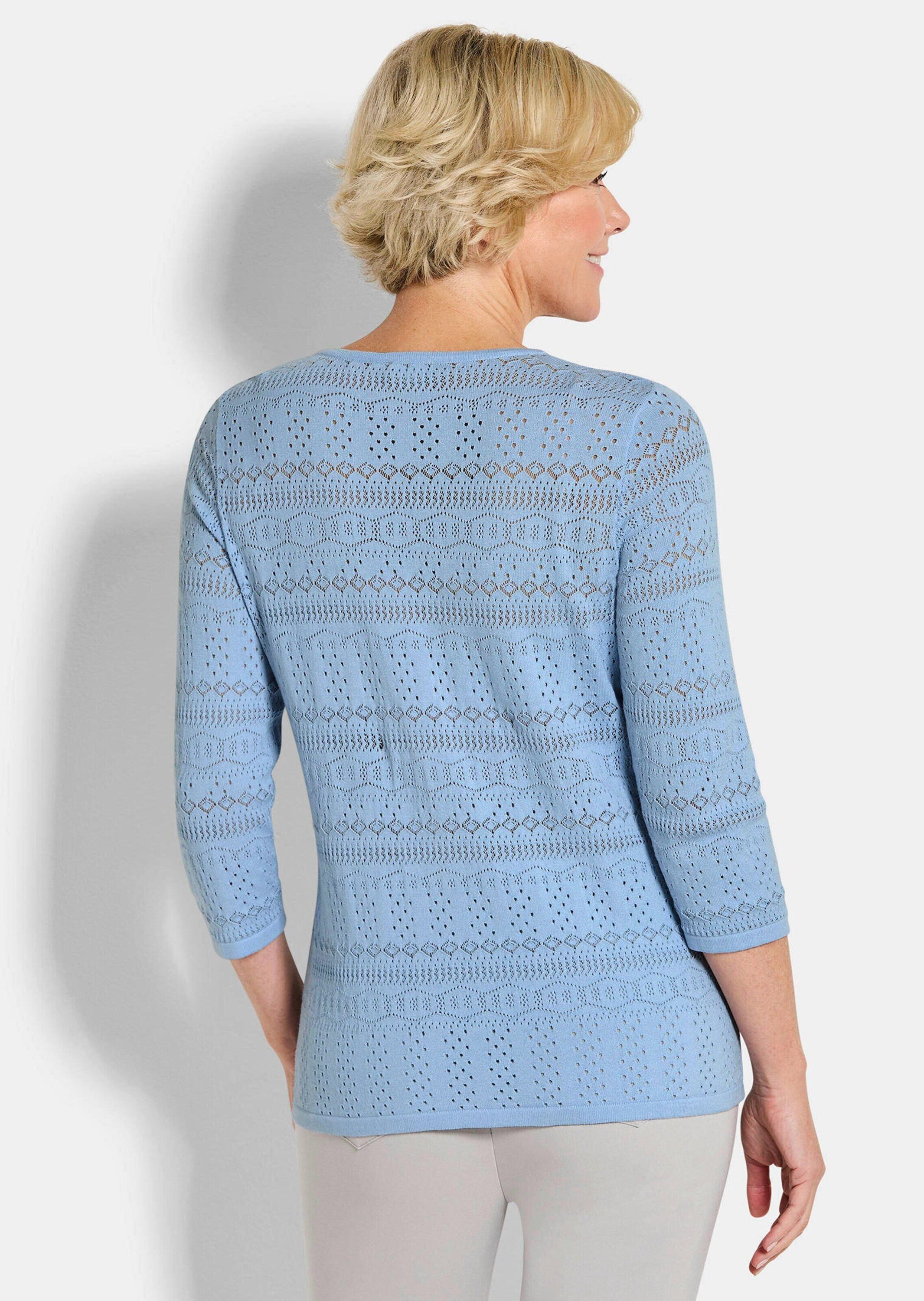 GOLDNER Strickpullover Kurzgröße: Sommerpullover mit V-Ausschnitt Baumwollpullover mit Ajourmuster, V-Ausschnitt und 3/4-Ärmeln