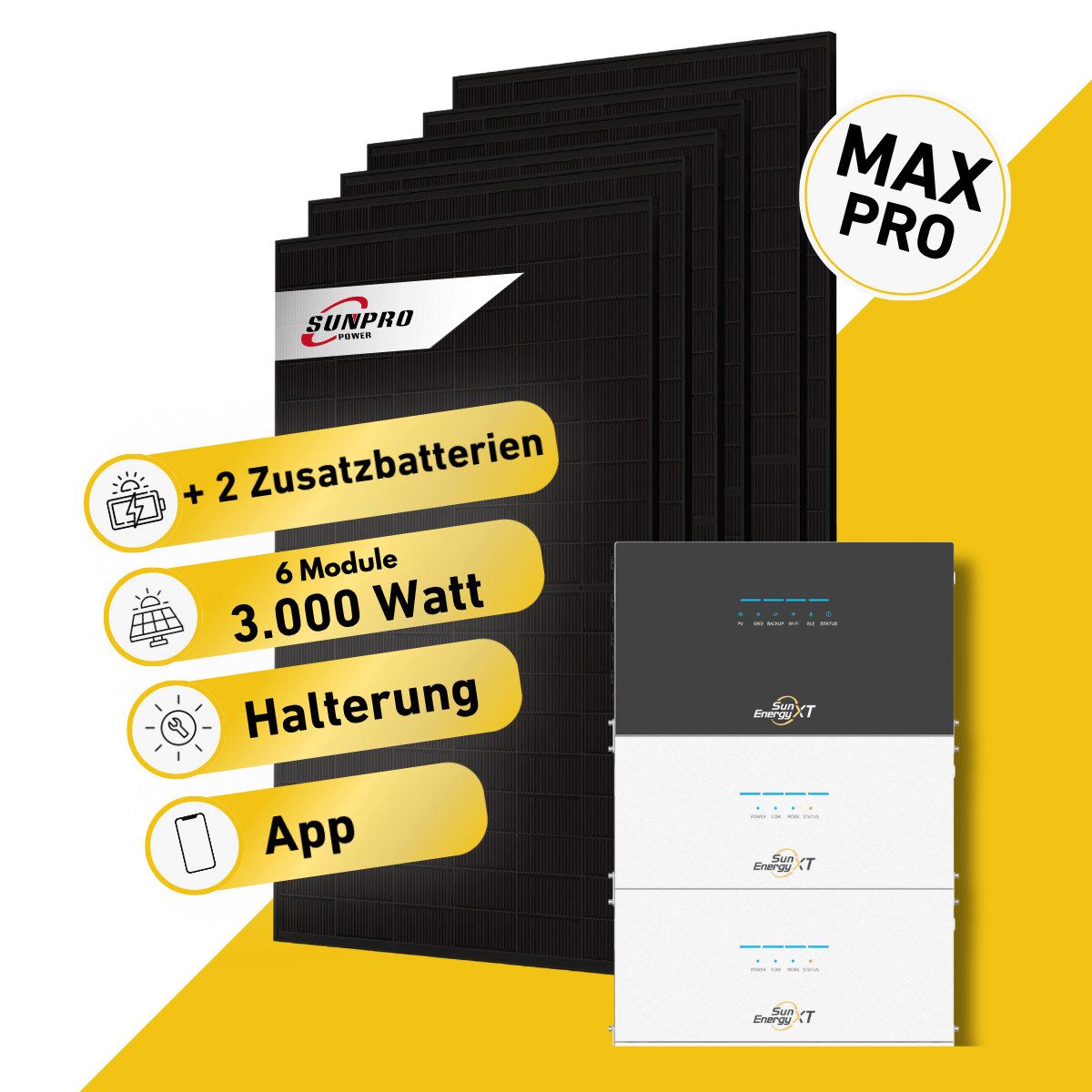 Balkonstrom Balkonkraftwerk MAX Pro 3000 Watt Solaranlage mit Speicher Komplettset Bifazial, 3000 W, Monokristallin, (6x Sunpro Solarmodul á 500 Watt, 1x Hoymiles HiBattery 4020 X, 1-3 Zusatzspeicher HB-4020-S), Halterung für Dach, Fassade, Balkon & Garten, App & Plug&Play DE
