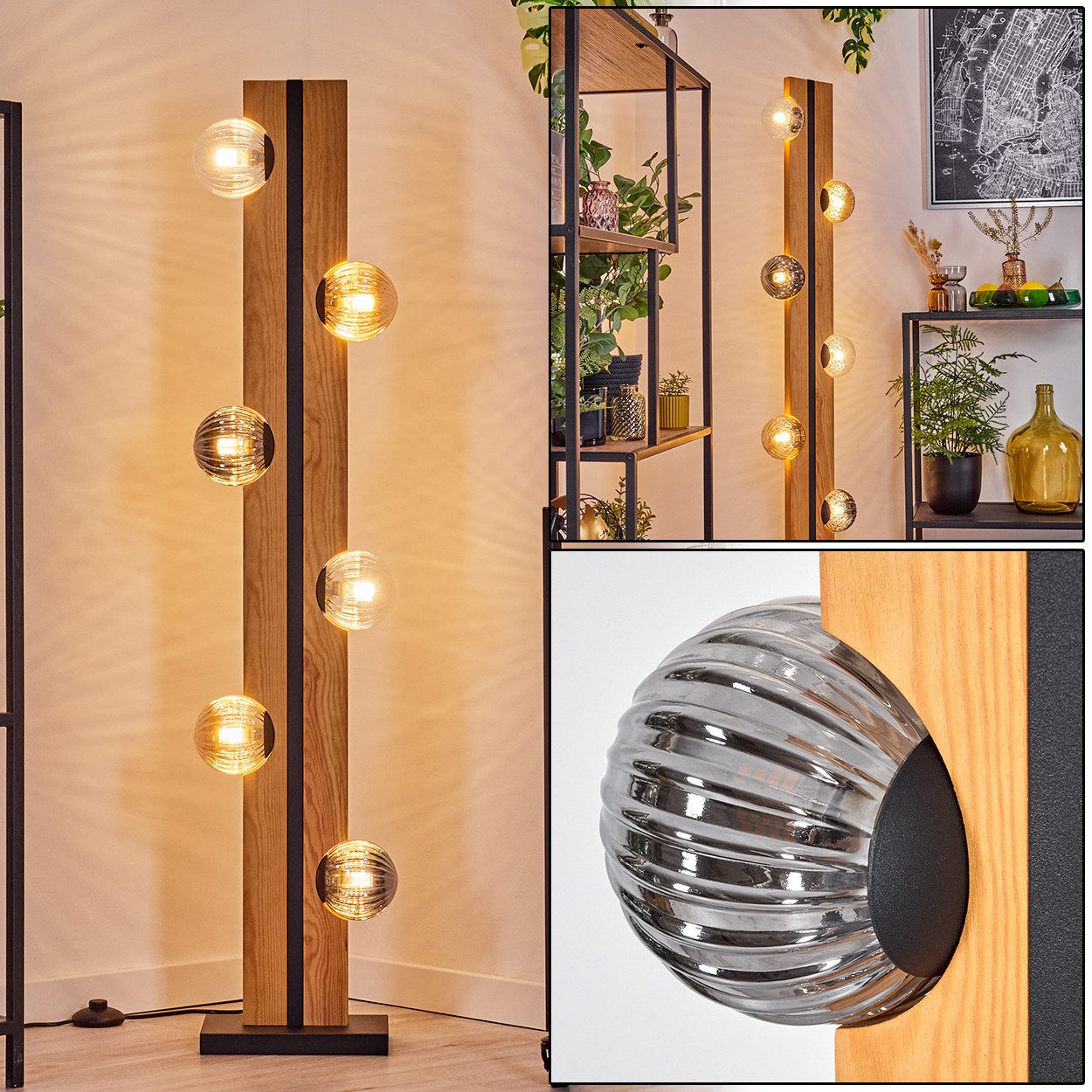hofstein Stehlampe Stehlampe aus Holz/Metall/Riffelglas in günstig online kaufen