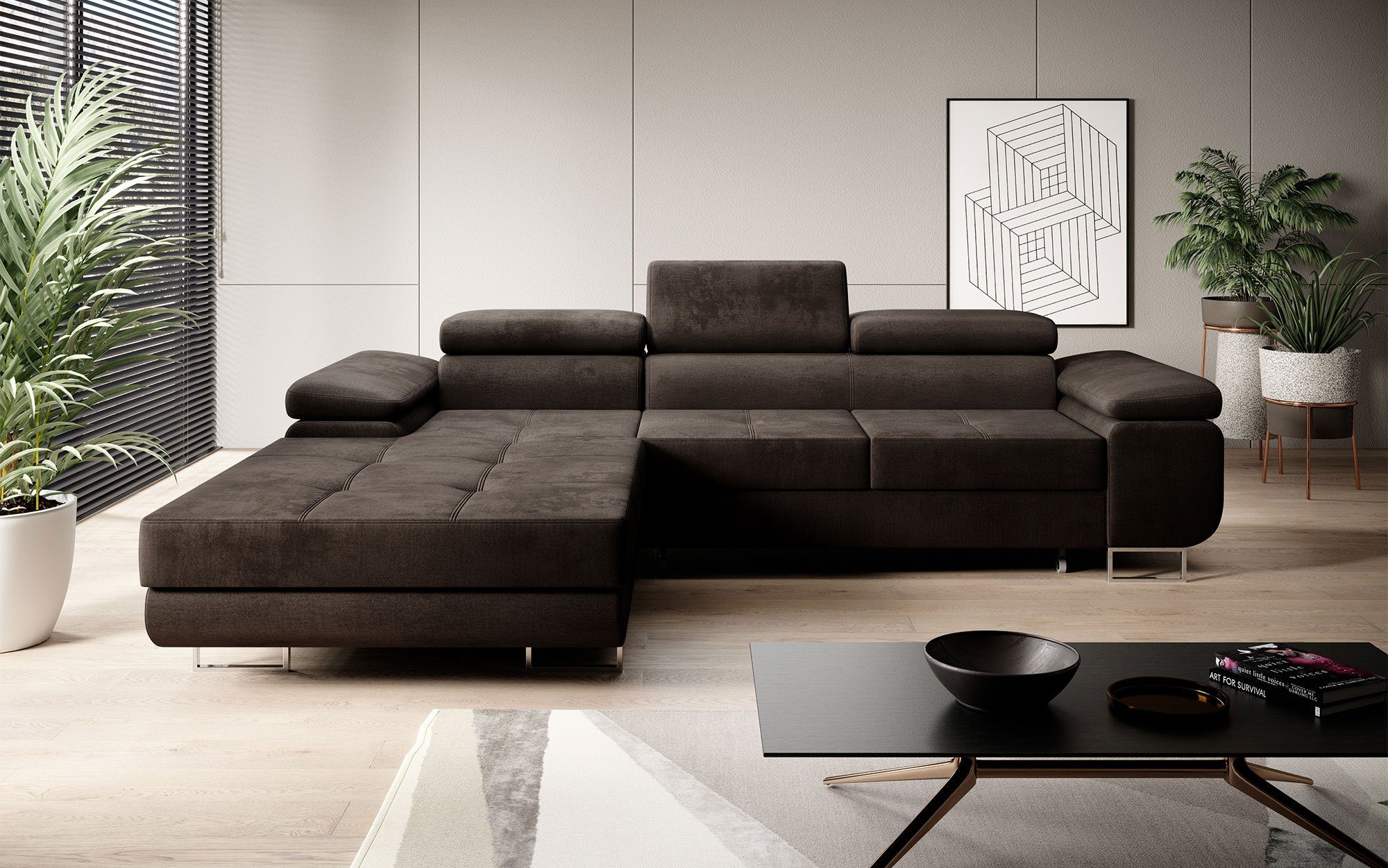 Baidani Sofa Designer Sofa Calvera mit Schlaf- und Klappfunktion, modernes Design Braun