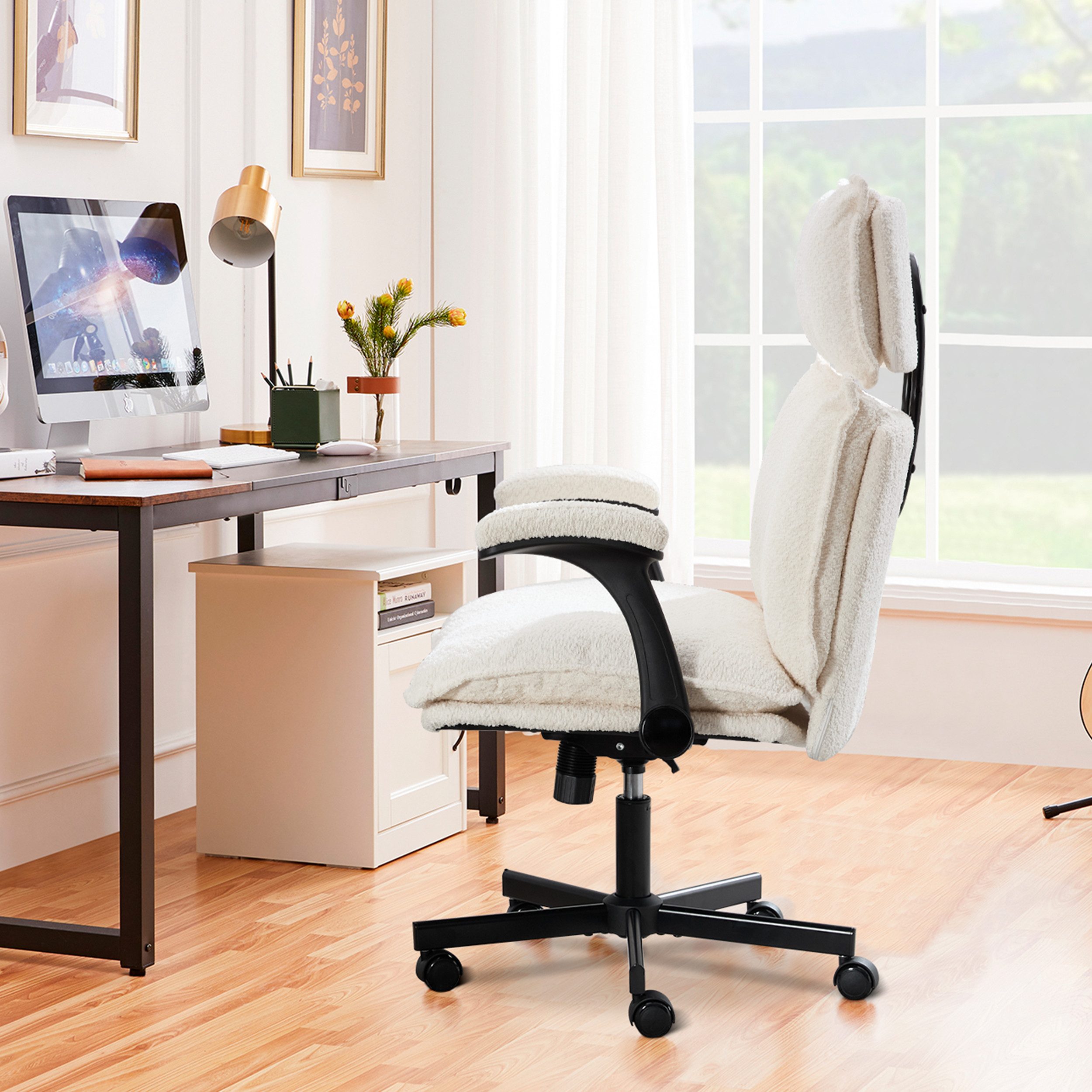 UEV Bürostuhl UEV Bürostuhl Ergonomisch Grau/Beige (Ergonomisch, Gaming-Stuhl, Drehstuhl, Schreibtischstuhl Plüsch), 360°Drehung, bis 150 kg belastbar, neigbar  – Bild 4 von 5
