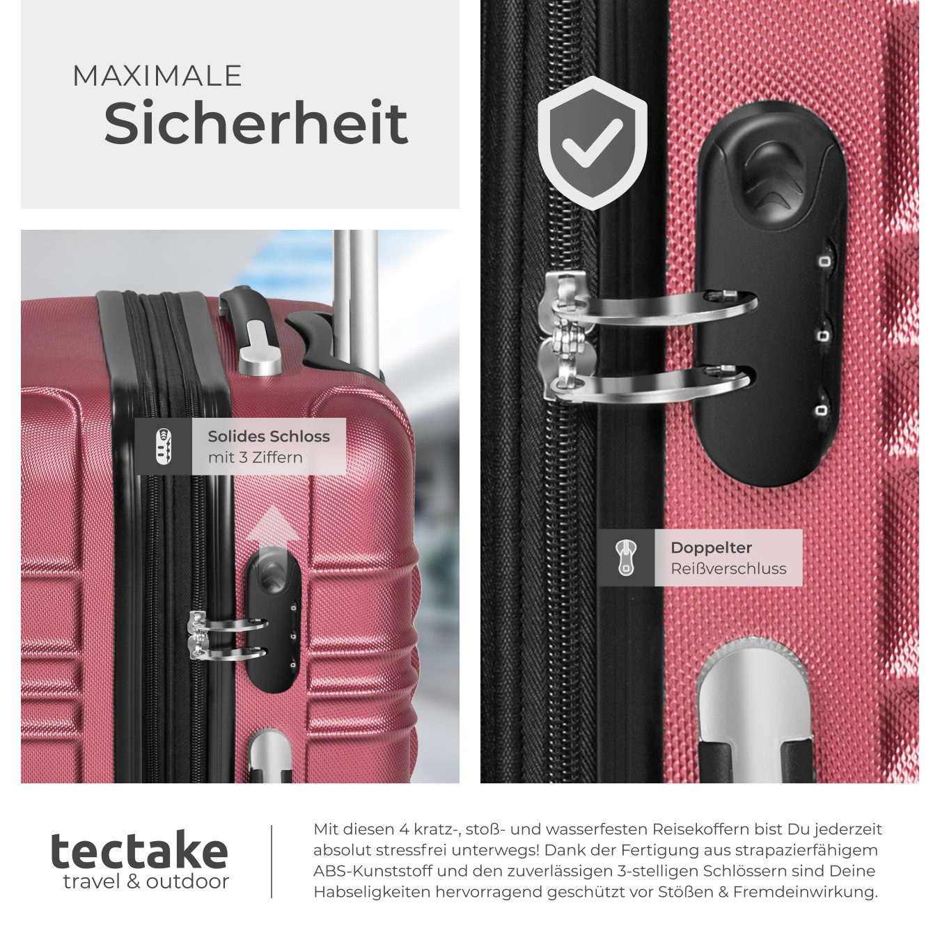tectake Trolley Hartschalenkoffer-Set aus robustem ABS-Kunststoff mit Teleskopgriff, 4 Rollen, 360° drehbare, abnehmbare Rollen, mit Sicherheits-Zahlenschloss