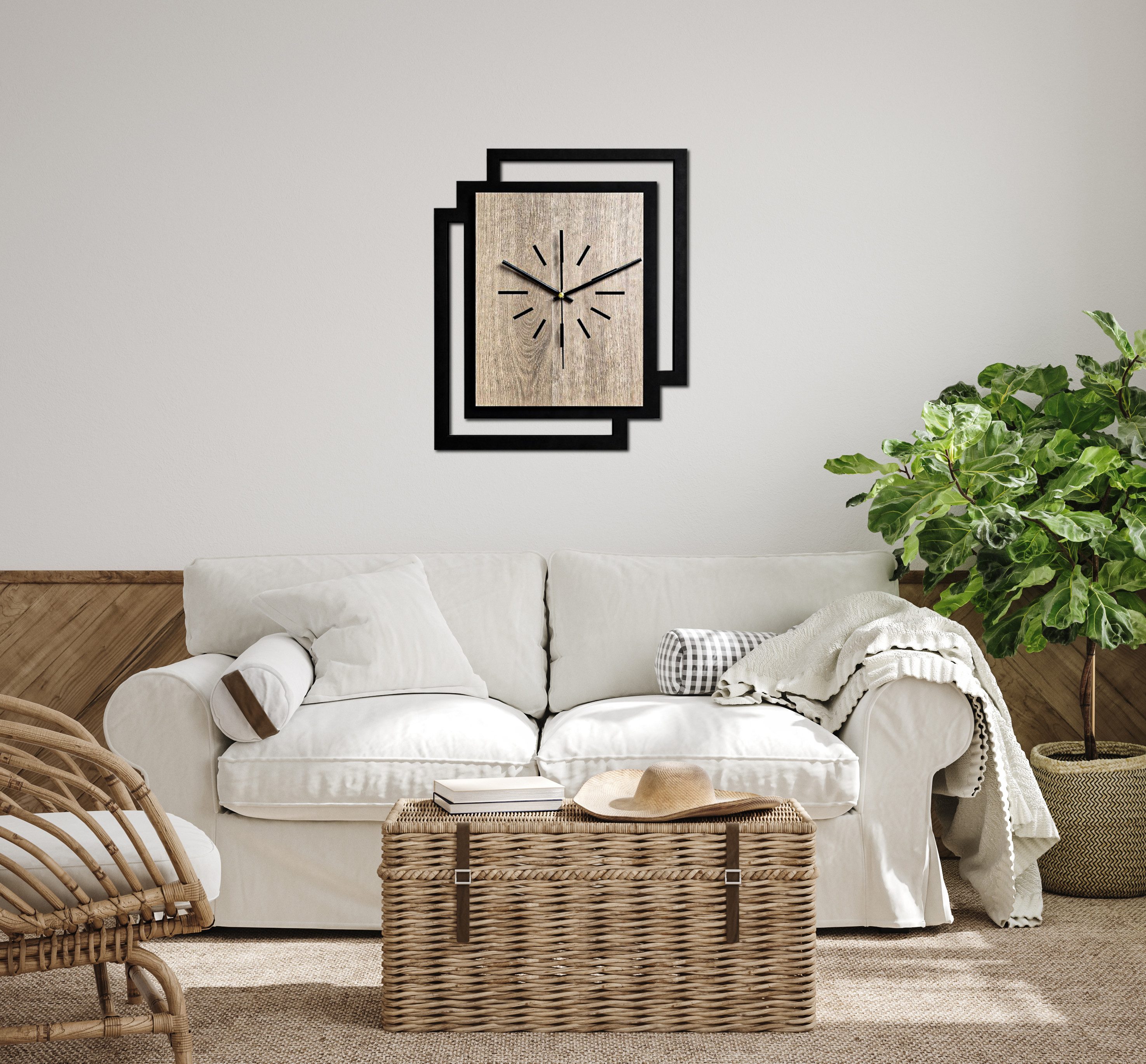 ORNAMENTI Wanduhr Große handgefertigte moderne aus Holz, Hingucker Wanddeko 45 x 55 cm (Rechteckig vertikal ohne Tickgeräusche für Wohnzimmer, ohne Ziffern)