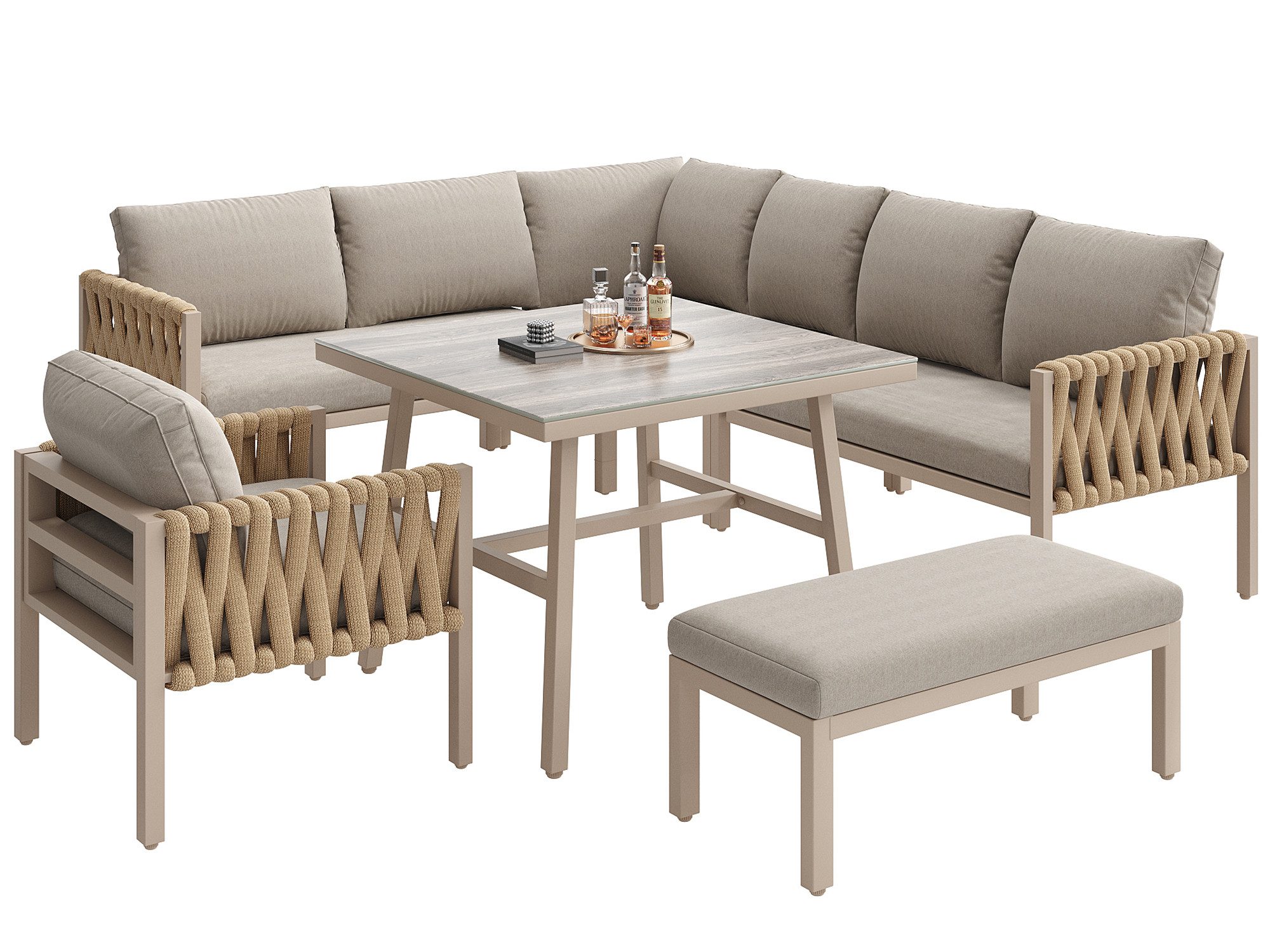 KLAM HOME Gartenlounge-Set Seilgartenmöbelset mit Ecksofa und verstellbare Beine für 7-8 Personen, (5-tlg., 1 4-Sitzer Sofa, 1 Ecksofa, 1 Sessel, 1 Couchtisch, 1 Fußbank), geeignet für Gärten, Schwimmbäder und Terrasse