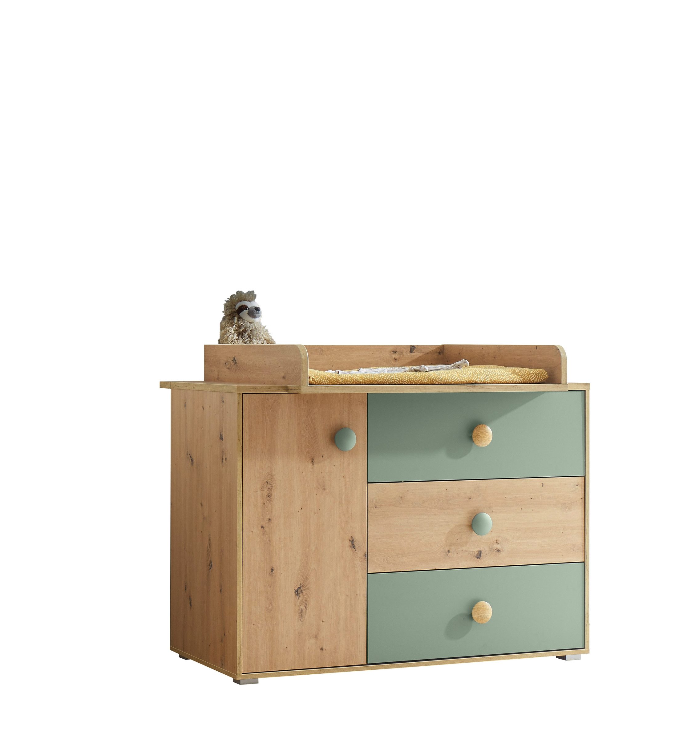 PREISBRECHER Wickelkommode Birta, 3 Schübe, 1 Tür, Artisan Eiche Dekor /Salbei - 120x99,3x77,6cm (BxHxT)