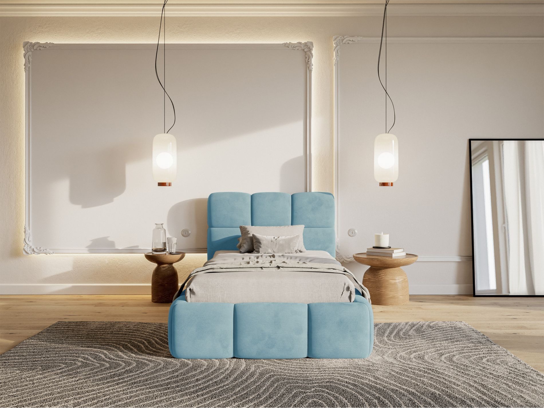 Selsey Kinderbett CLOUDY, mit Lattenrost, und Eck-Kopfteil, Samt wasserabweisend, 90x200 cm
