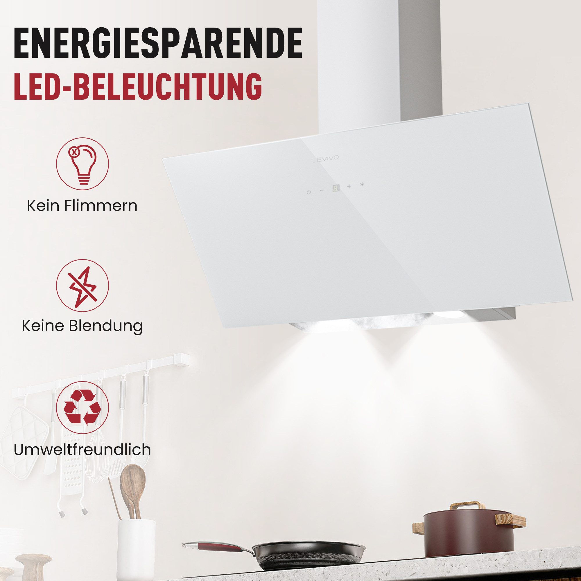 Levivo Kopffreihaube A+++ 420 m³/h Dunstabzugshaube 60cm Umluft & Abluft A+++ 420 m³/h Dunstabzugshaube 60cm Umluft & Abluft, Aktivkohlefiltern, Fettfiltern, LED-Beleuchtung