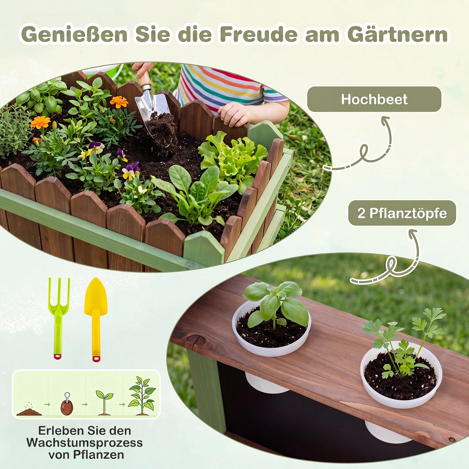 COSTWAY Outdoor-Spielküche Tannenholz, Kunststoff, Mit Pflanzkasten & 2 Blumentöpfen