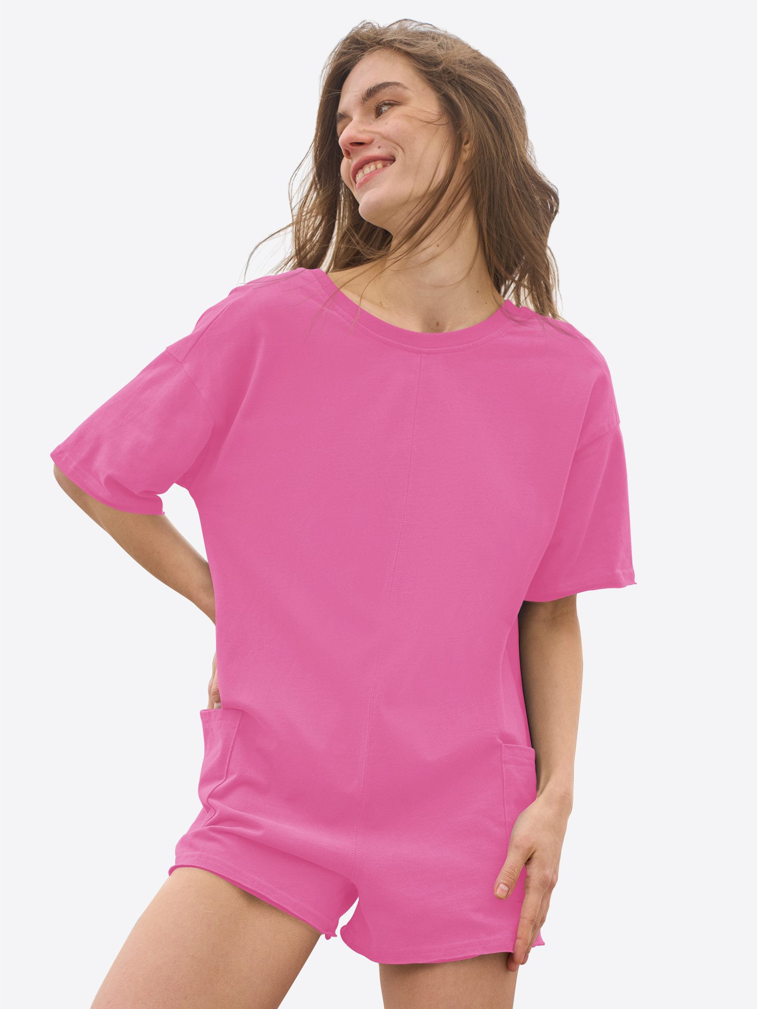 Imily Bela Jumpsuit Damen Hausanzug Rundhals Halbarm Loose Loungewear (Packung, 1-tlg., 1per-Pack) aus Baumwolle mit Rücken-V-Ausschnitt in Unifarbe