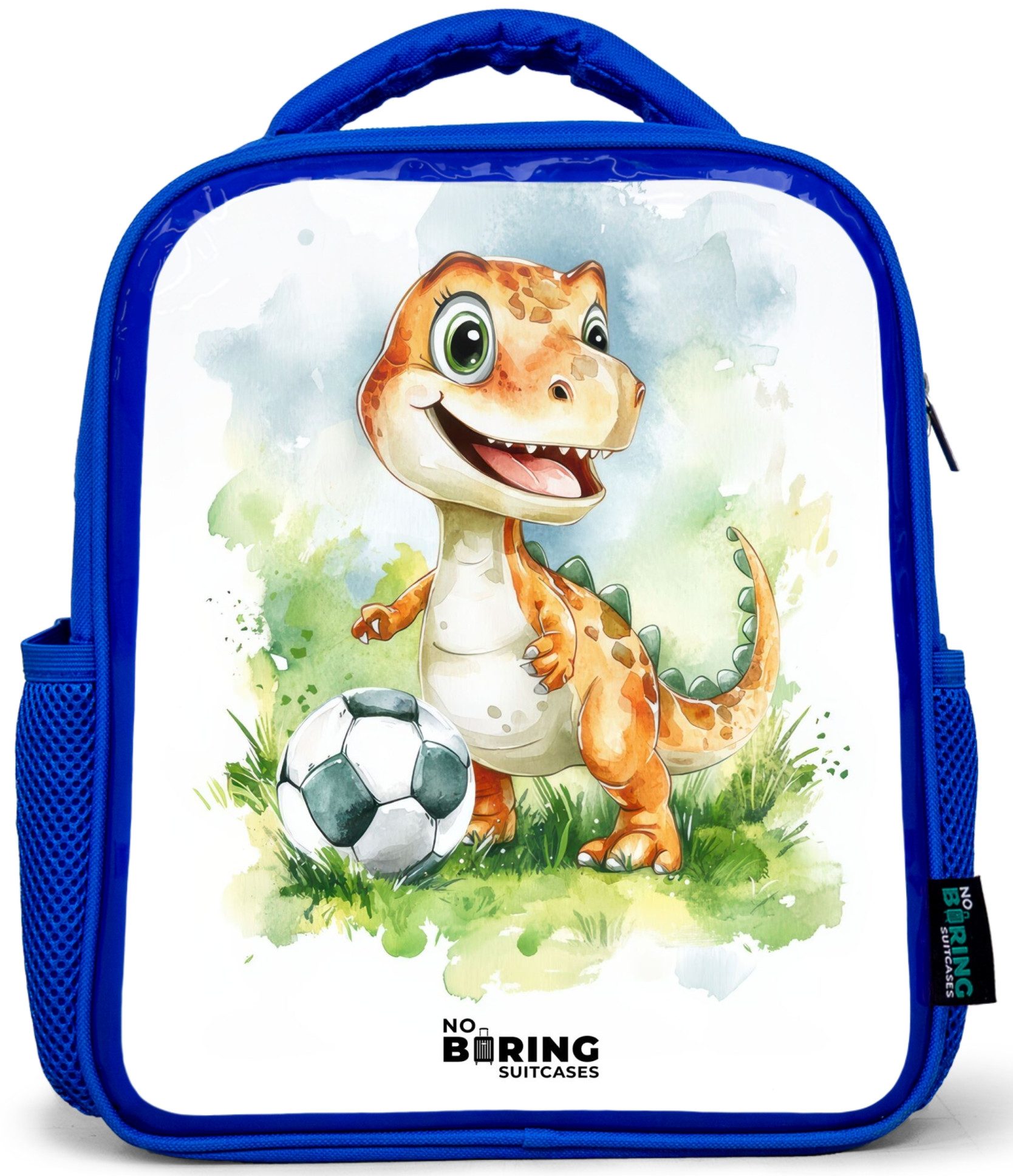 Dino mit Fußball im bunten Feld