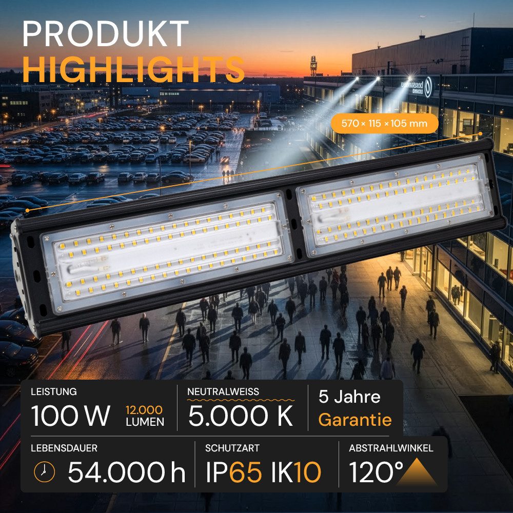 ENOVALITE LED Arbeitsleuchte ENOVALITE LED Hallenstrahler HighBay 100 W 5000 K Neutralweiß Schwarz, LED fest integriert, Tageslichtweiß
