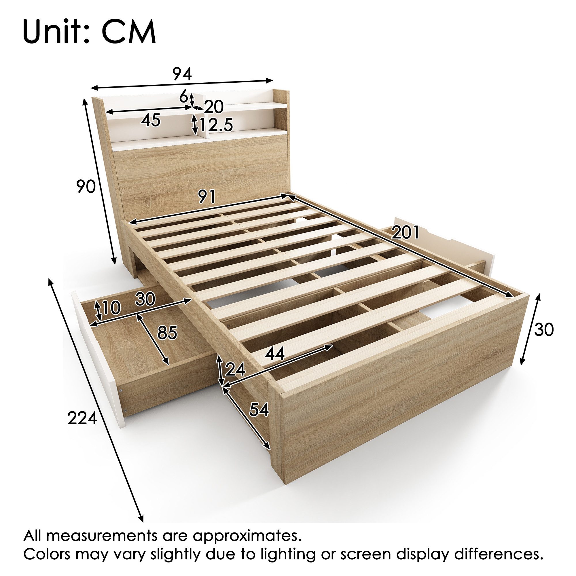 KLAM HOME Einzelbett Holz Einzelbett Mit Schubladen Und Stauraum Für Kleine Räume (Einzelbett 90x200 Mit Kopfteil Ablage Und Offenen Fächern), Zweifarbiges Massivholz Bett Weiß Eiche Praktisches Stauraumbett