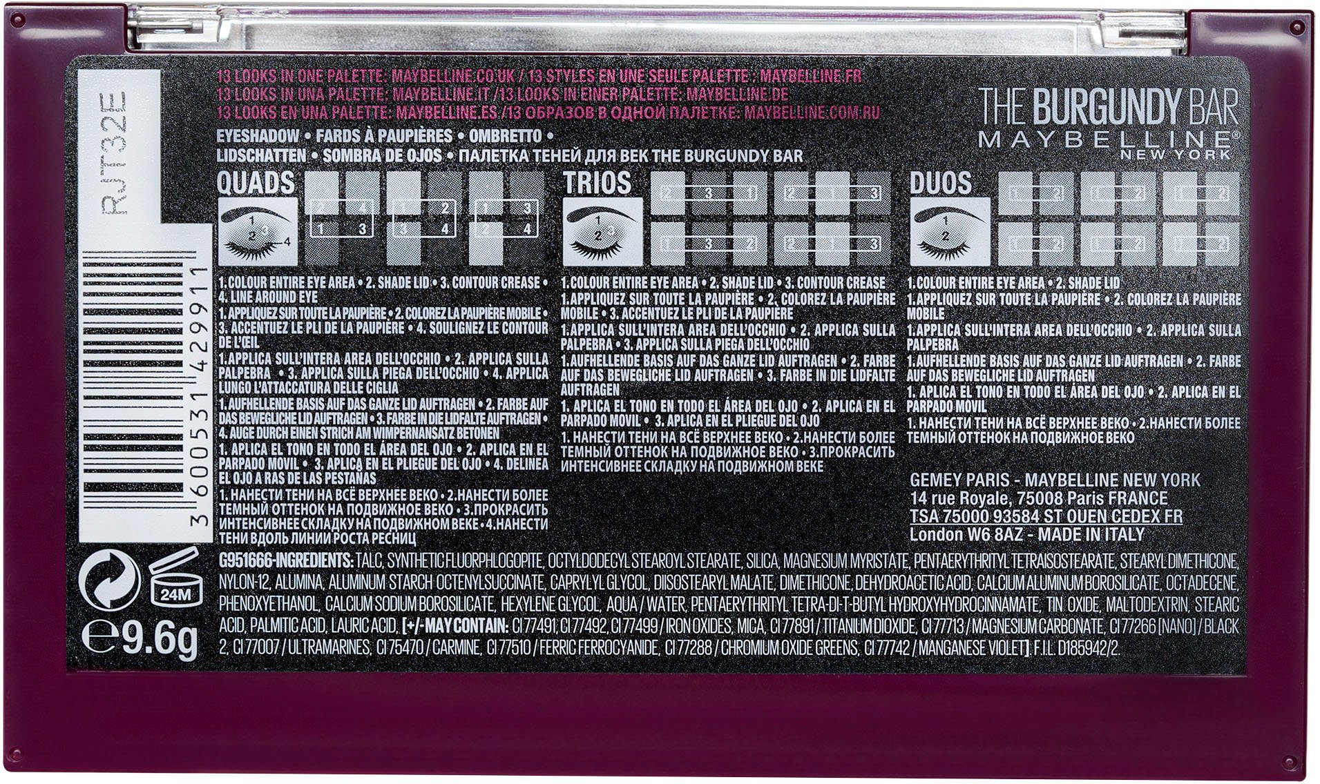 MAYBELLINE NEW YORK Lidschatten THE BURGUNDY BAR, mit schimmernden Burgunder-Tönen