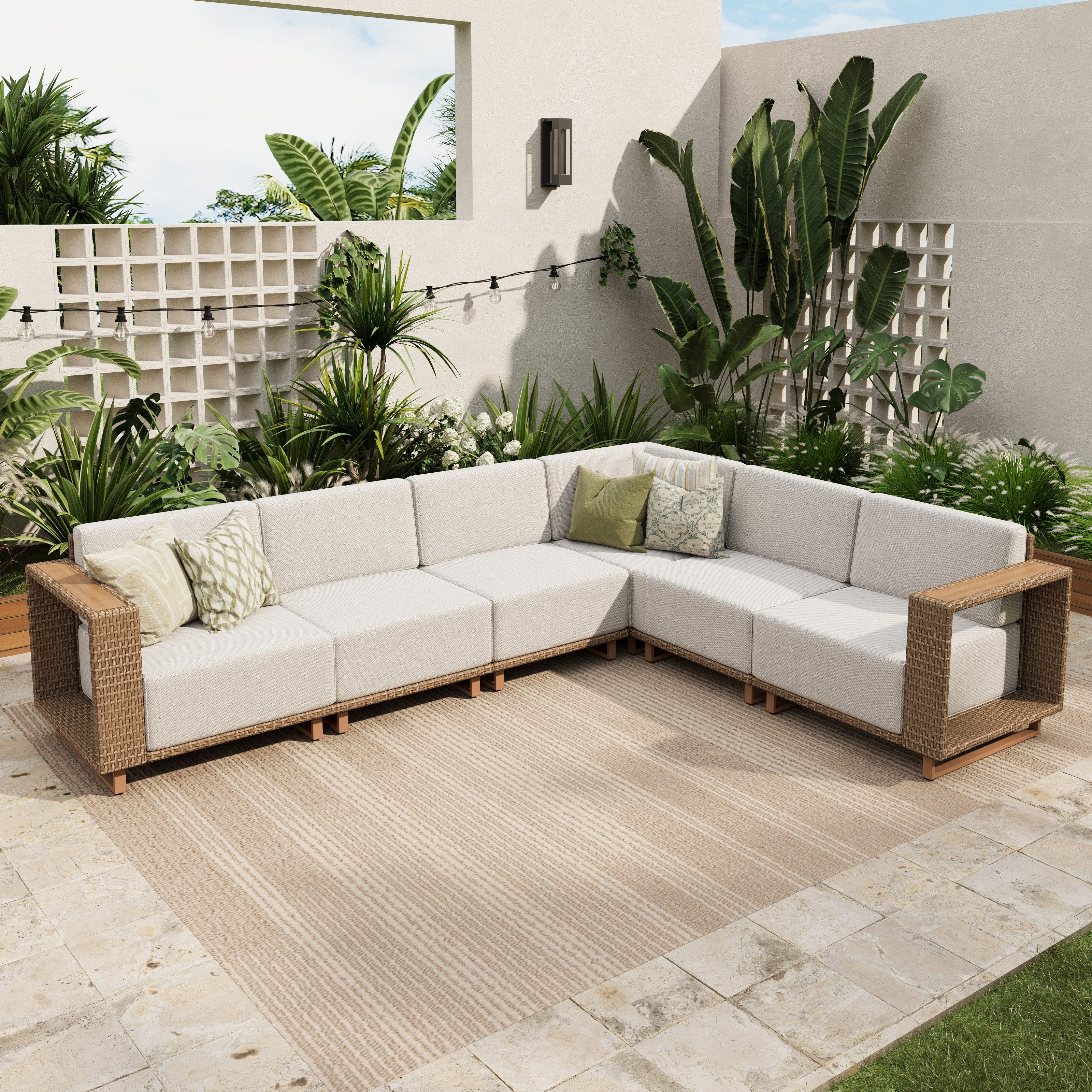 PHI VILLA Gartenlounge-Set, (Rattan Gartenmöbel Set Balkonmöbel, Allwetter Gartensofa Terassenmöbel Außen mit Dicken Weißen Kissen), Lounge Möbel Outdoor Sofa Sets für Garten und Terrasse