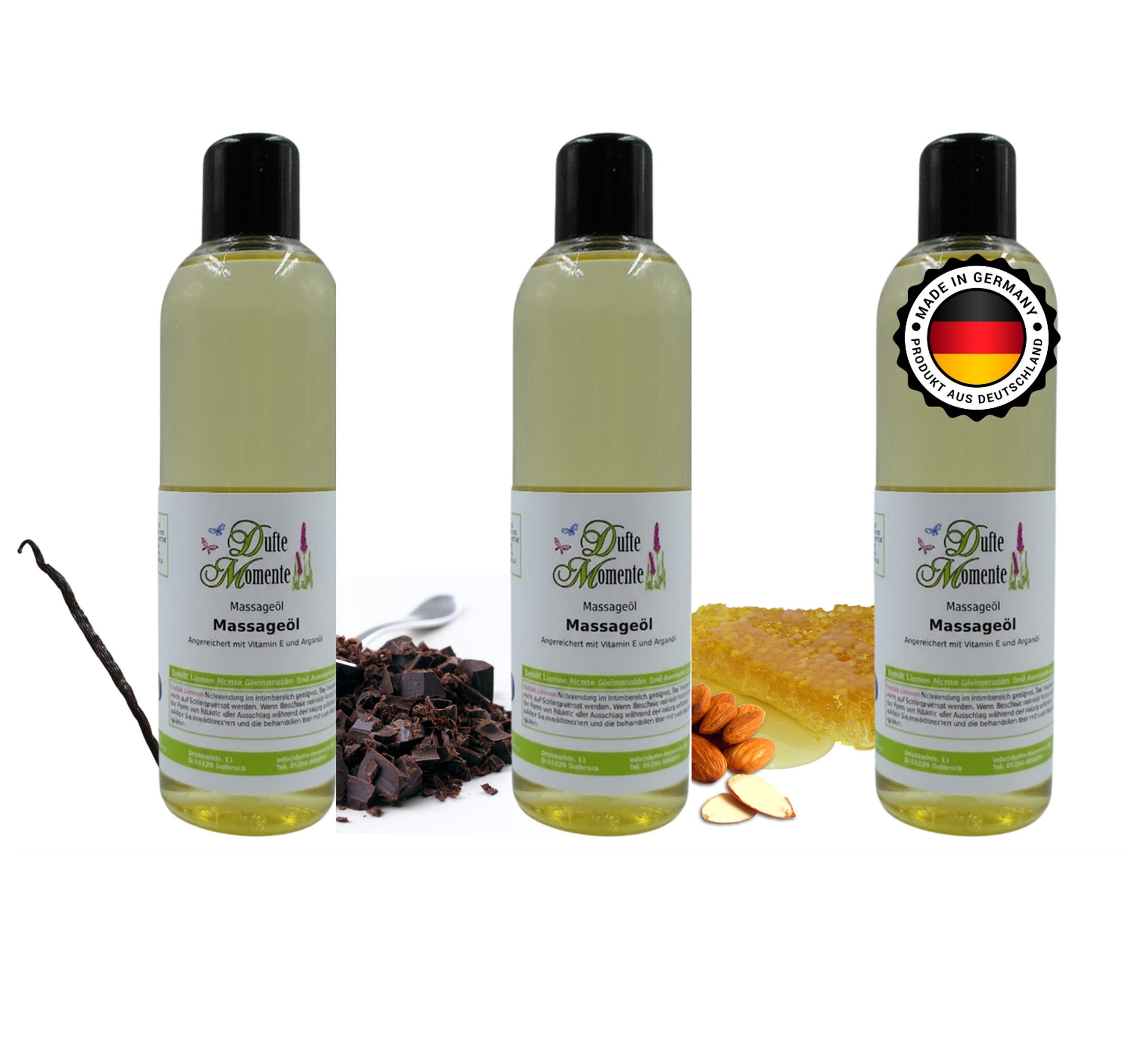 Dufte Momente Massageöl Honig-Mandel, Schokolade & Vanille 250ml - 3L Set, 3-tlg., hochwertige Pflanzenöle als Basis, vegan und ohne Tierversuche