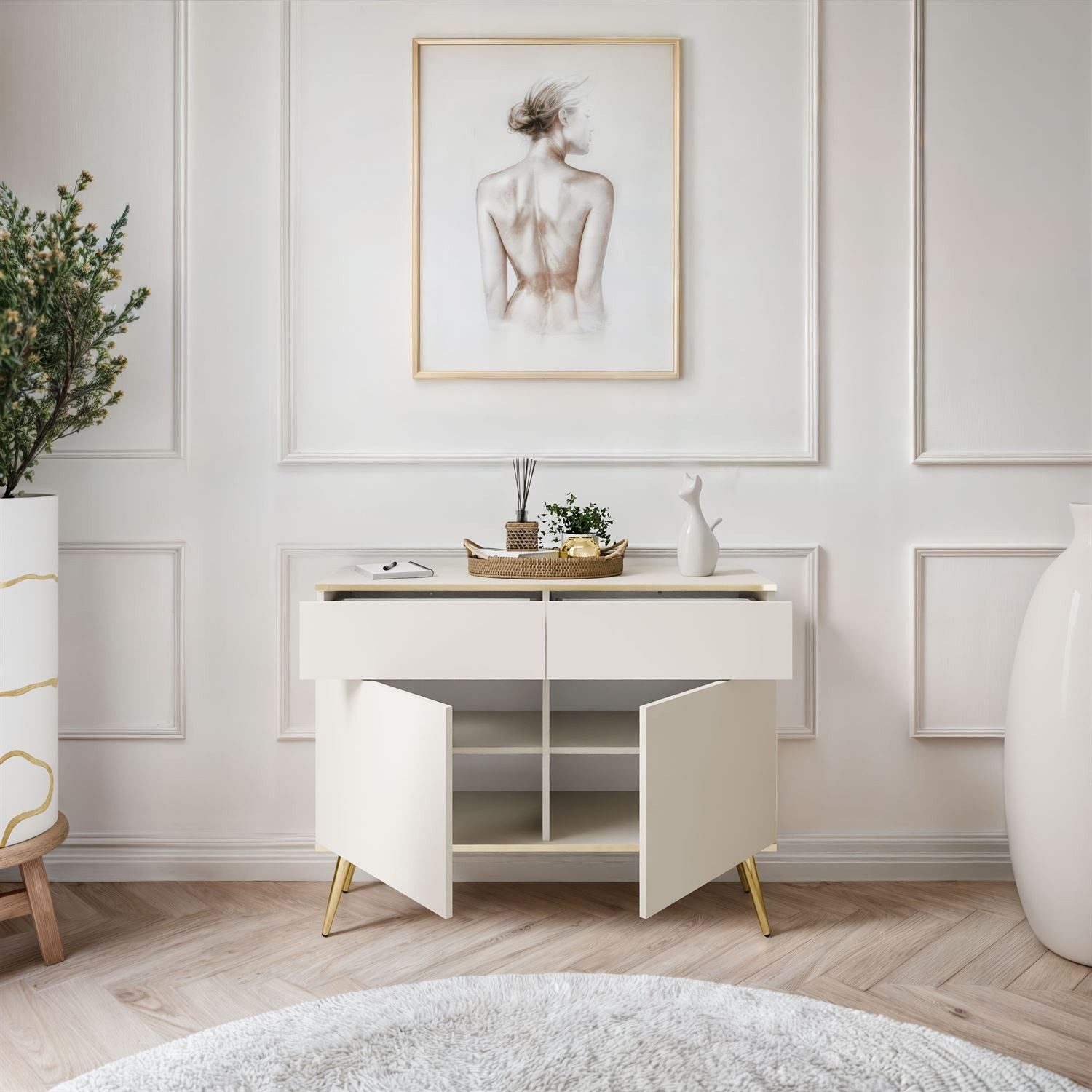 ALLHOUSE24 Kommode SENSO 107 cm zweitürige Sideboard mit zwei Schubladen gold Metallfüße (1x Kommode), Breite 107 cm