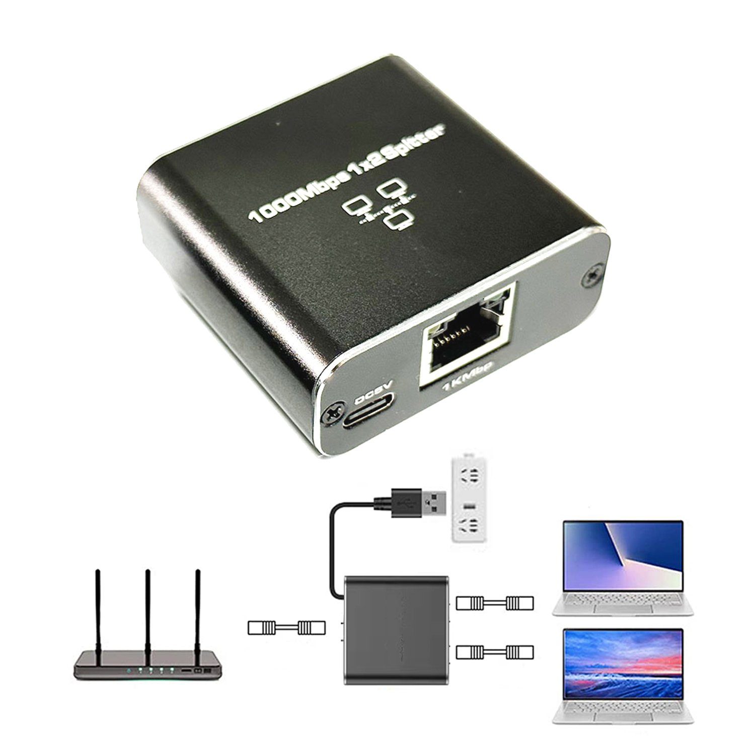 Bolwins Splitter B19C RJ45 Ethernet Splitter 1:2 LAN Adapter Verteiler für Netzwerk PC, RJ45 LAN Splitter, Plug & Play, für CAT5/CAT6
