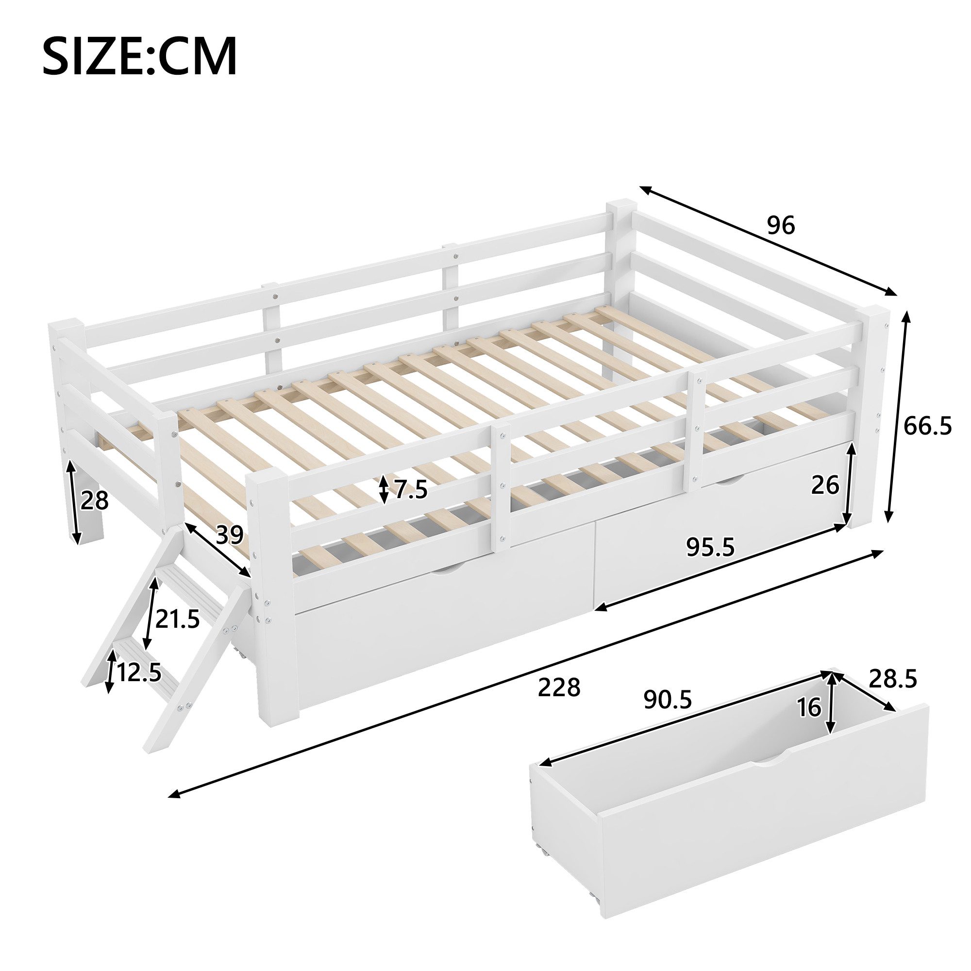 STILVORA Hochbett 90x200 mit Schubladen,Kinderbett Bettgestell mit Schutzgeländer (Kinder-Plattformbett aus Kiefernholz & MDF mit halbgeschlossenem Schutzgeländer, 2 Schubladen & hoher Stabilität, 1-St., 90x200)