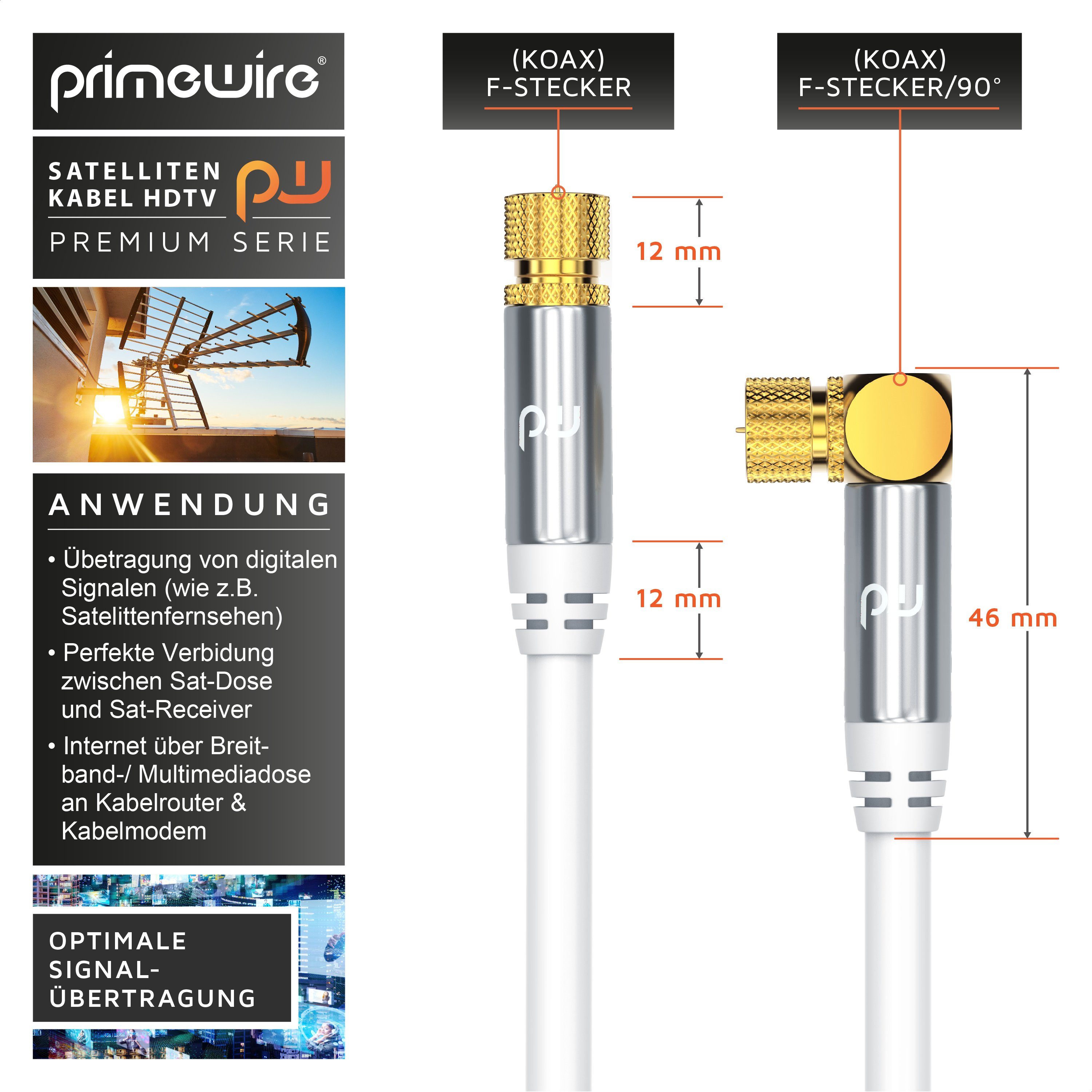 Primewire SAT-Kabel, Koax, F-Verbinder (50 cm), HDTV SAT Koax Kabel 90° gewinkelt, 4fach Schirmung, 135dB, 75Ohm, 0,5m
