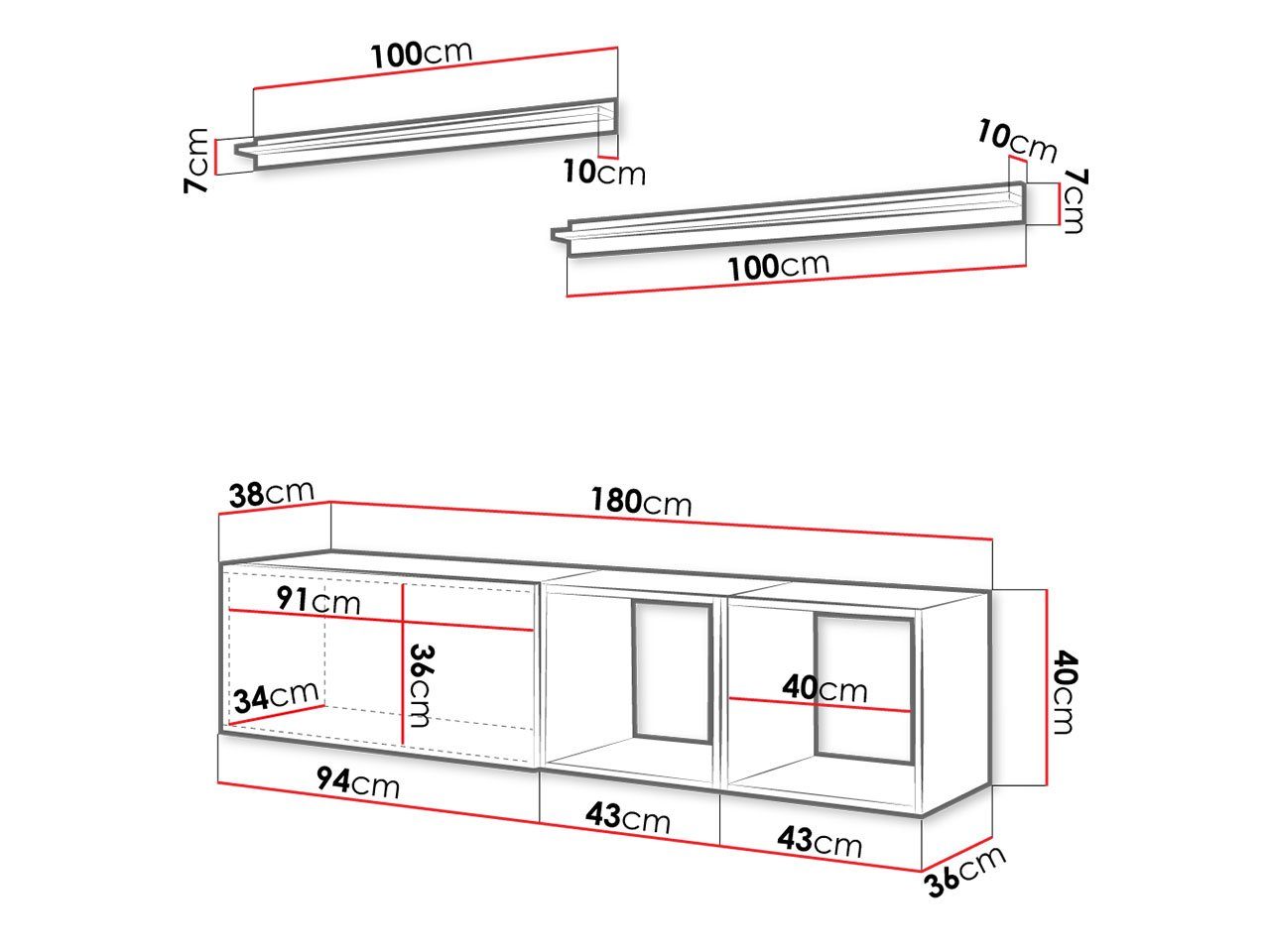 Mirjan24 Wandregal) TV-Schrank grifflosem XVII 2x Anbauwand (3er-Set, mit Öffnen Boxing mit