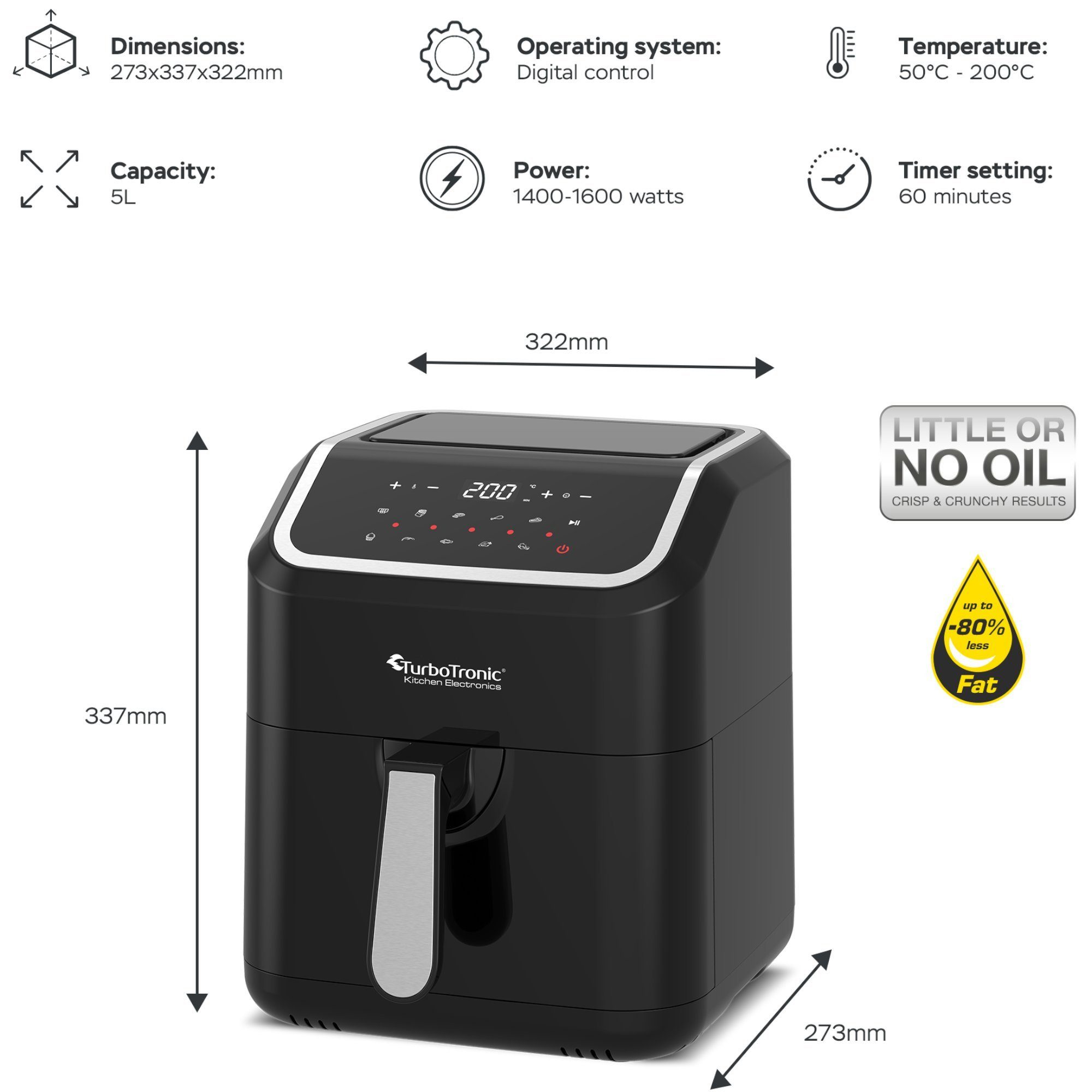 TurboTronic by Z-Line Heißluftfritteuse XL 5L für 0,5 kg perfekte Pommes mit Silikoneinlage 1600W Airfryer, 1600 W, gesundes Kochen Air Friteuse ohne Fett Öl Grill Braten