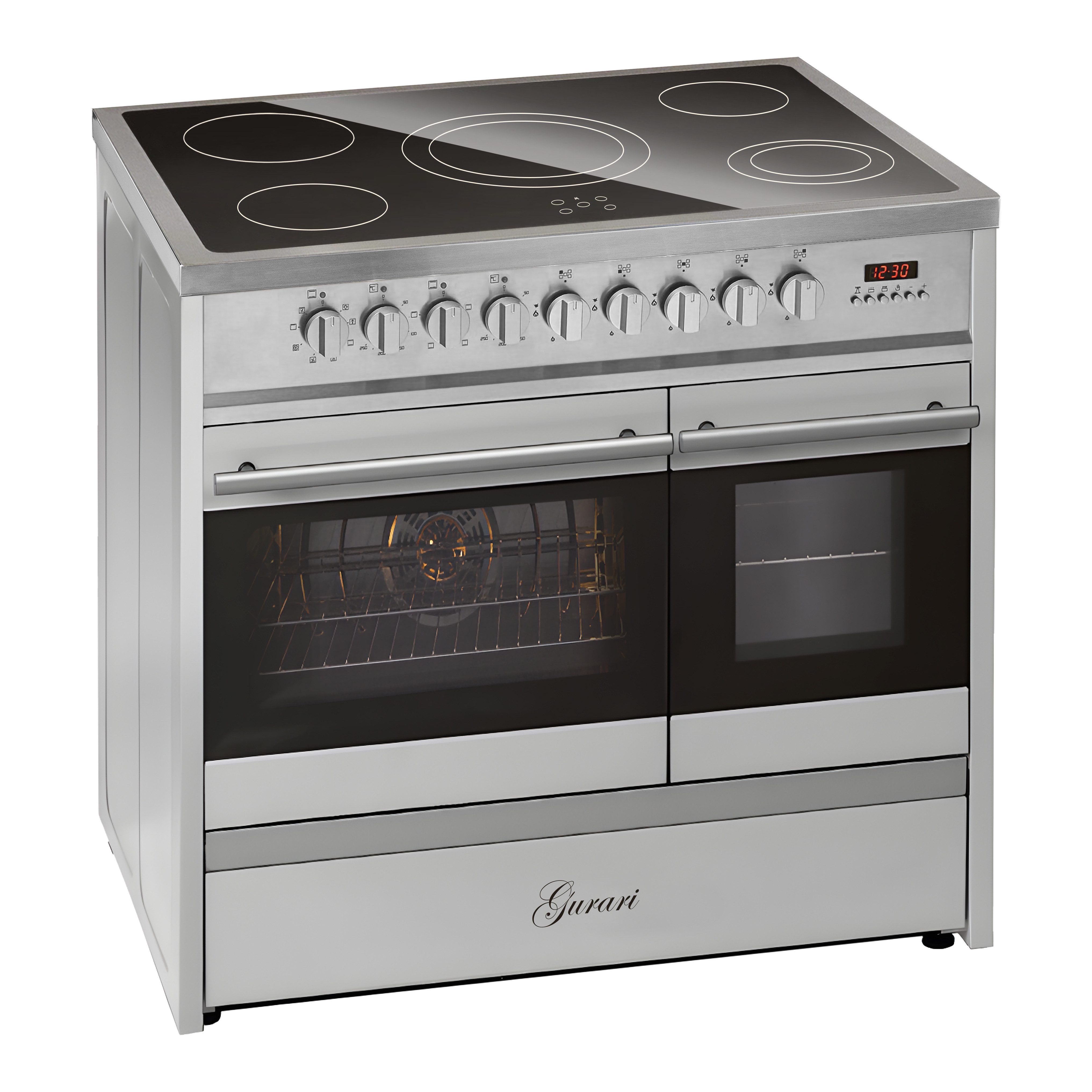 GURARI Elektro-Standherd Elektro Standherd 90 cm, Doppelbackofen+Dunstabzugshaube 90 cm GCH E 912 DF X+GCH F 462 IS 9 Prime N, mit 1-fach-Teleskopauszug