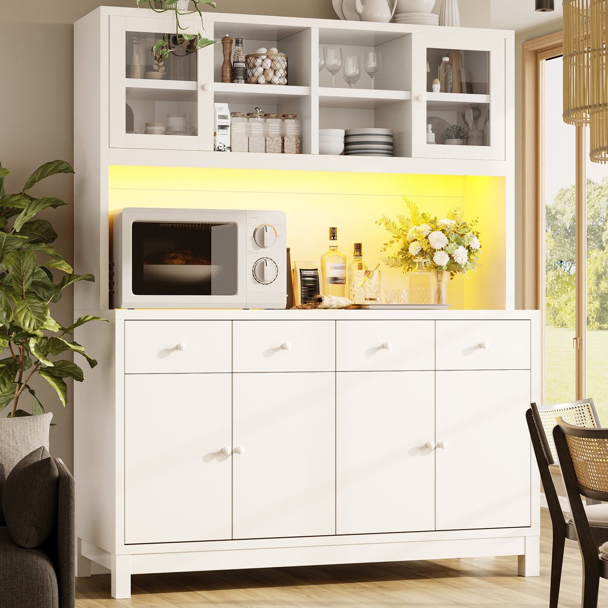 Odikalo Küchenbuffet Küchenschrank Buffetschrank mit App-gesteuerter RGB-LED (140*38.5*180cm mit Glastüren & 4 Schubladen, verstellbare Einlegeböden, Naturholz-Optik, belastbar bis 100kg)