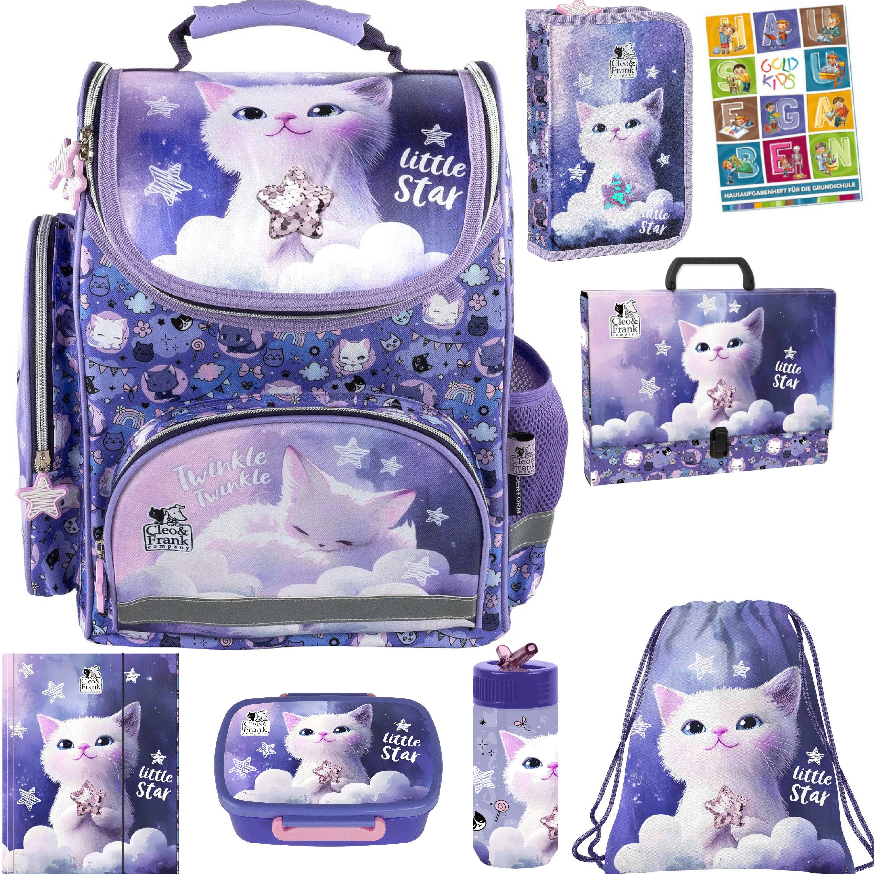 GOLDKIDS Schulranzen für Mädchen, 8er-Set - (Schul-Rucksack für Kinder mit Federmäppchen, 1-tlg., - Schuhbeutel Trinkflasche und Brotdose), - Katze Motiv- 1-3 Klasse