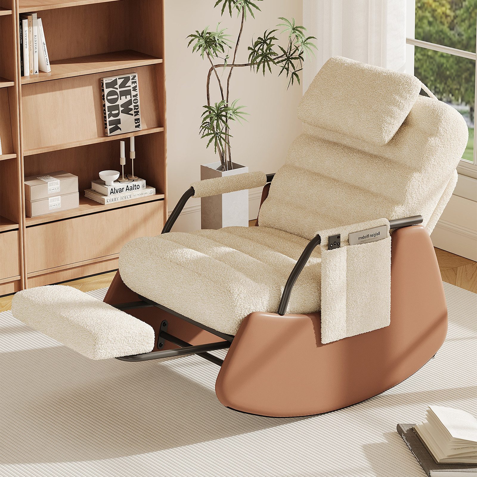 SEEZSSA Ohrensessel Schaukelstuhl Relaxsessel (Set, 1-St., 3-stufia verstellbare Rückenlehne), Wohnzimmersessel mit Armlehnen und Fußstütze Teddystoff,Beige