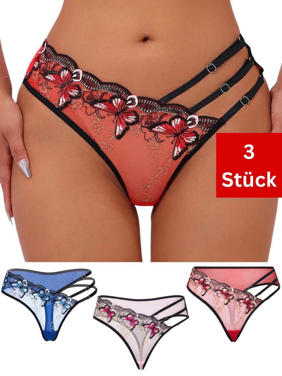 Elegant Love Tangaslip Damen-Tanga transparent, Schmetterling-Stickerei - Sexy Unterwäsche (Packung, 3er-Pack) String für Damen, aufwändig bestickt, Riemchen