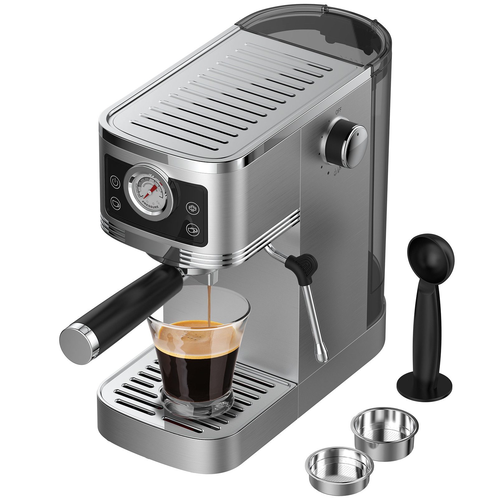 AIMAX Espressomaschine Halbautomatische Kaffeemaschine mit 20 Bar Ulka-Pumpe, Manometer, Kaffeekanne, Edelstahlfilter 51mm, 51 mm Edelstahlfilter, Milchschaumdüse, Tassenwärmer & Touch-Bedienung