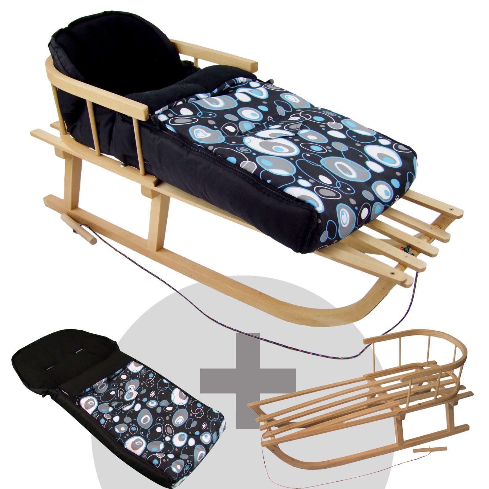 BambiniWelt by Rafael K. Davoser Schlitten HOLZSCHLITTEN mit Rückenlehne Zugleine + WINTERFUßSACK Fleece 108cm