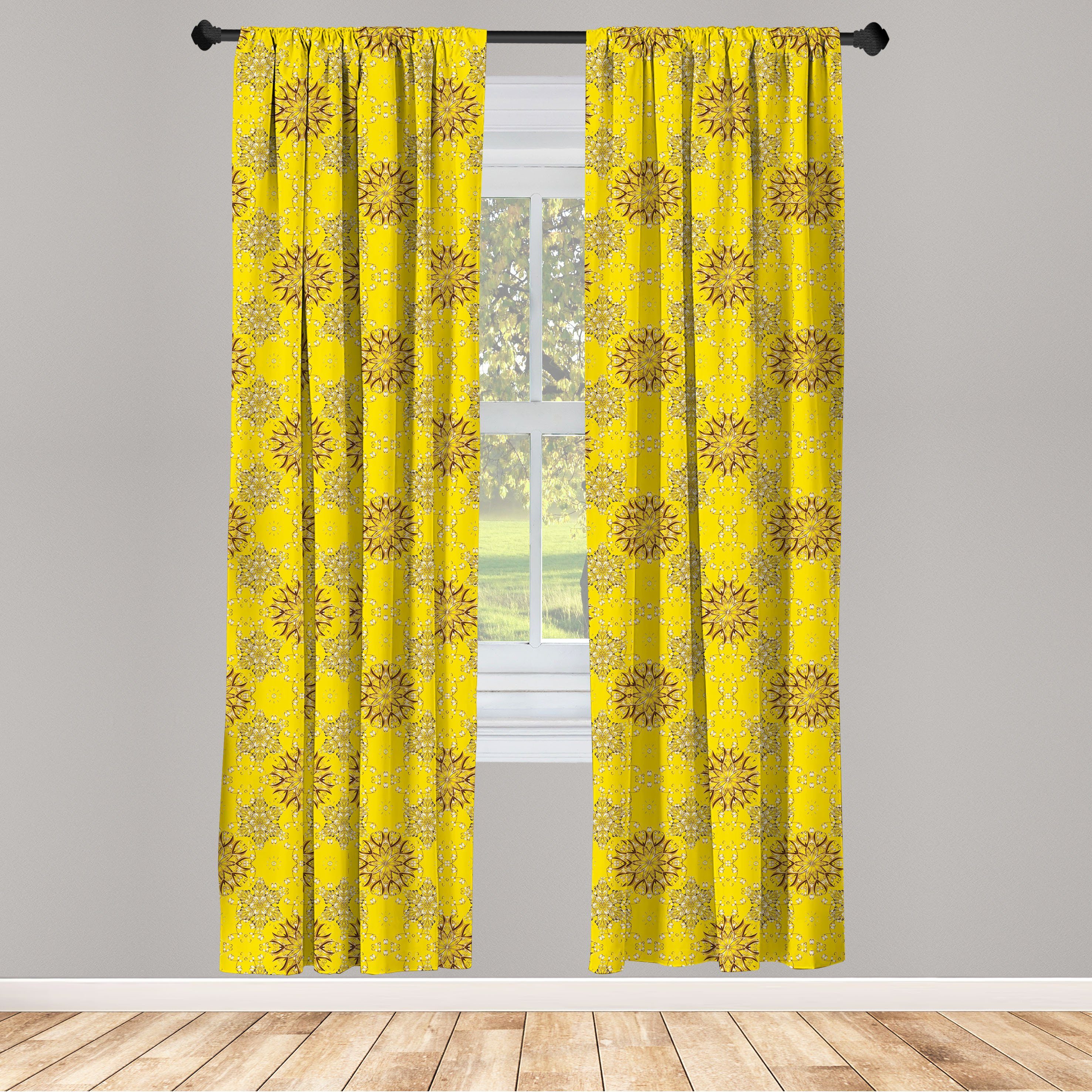 Gardine Vorhang für Wohnzimmer Schlafzimmer Dekor, Abakuhaus, Microfaser, Gelbes Damast Wirbler Blumen