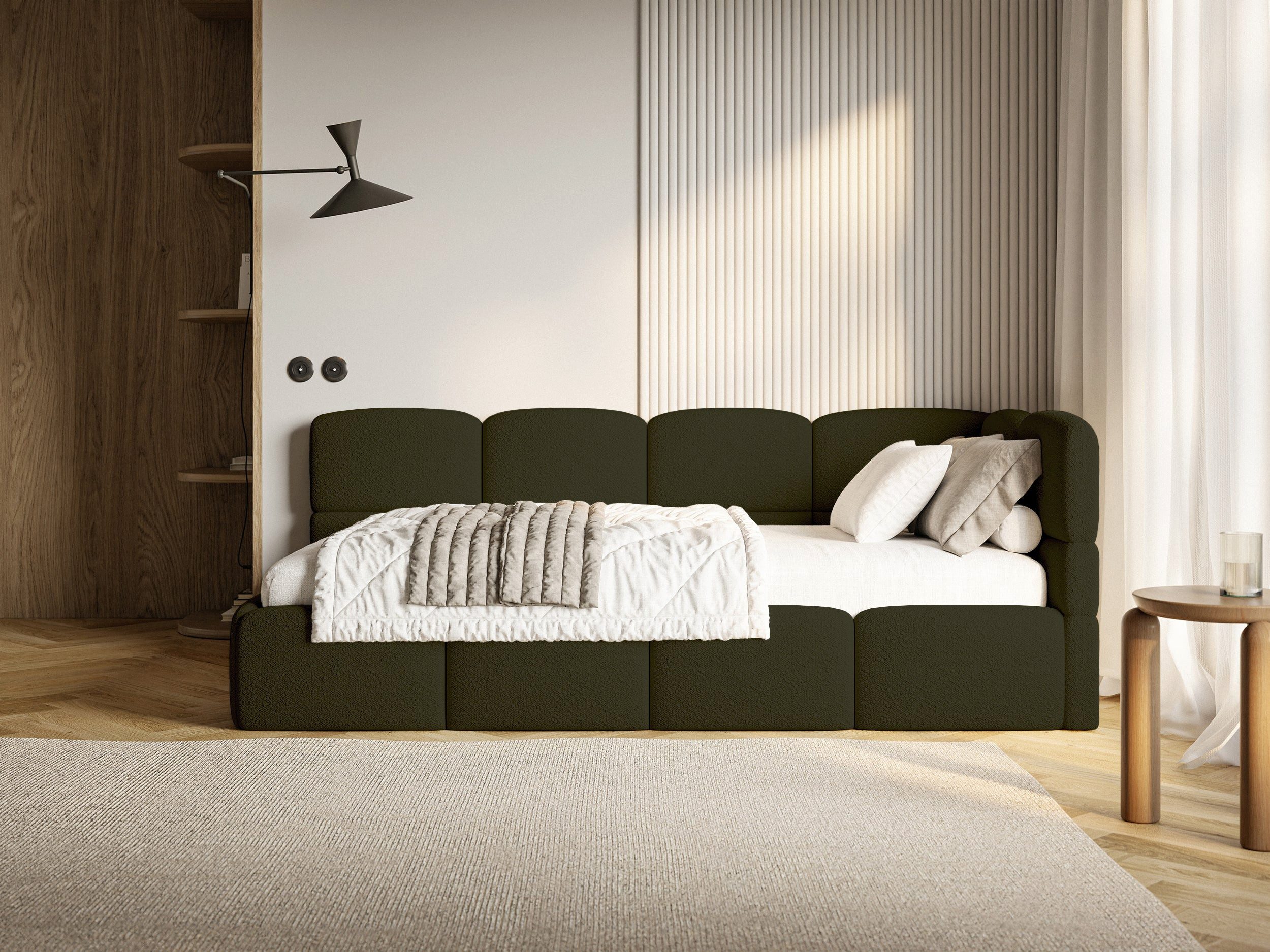 Selsey Einzelbett CLOUDY, Einzelbett 120x200, Eck-Kopfteil, Matratze & Bettkasten, Bouclé