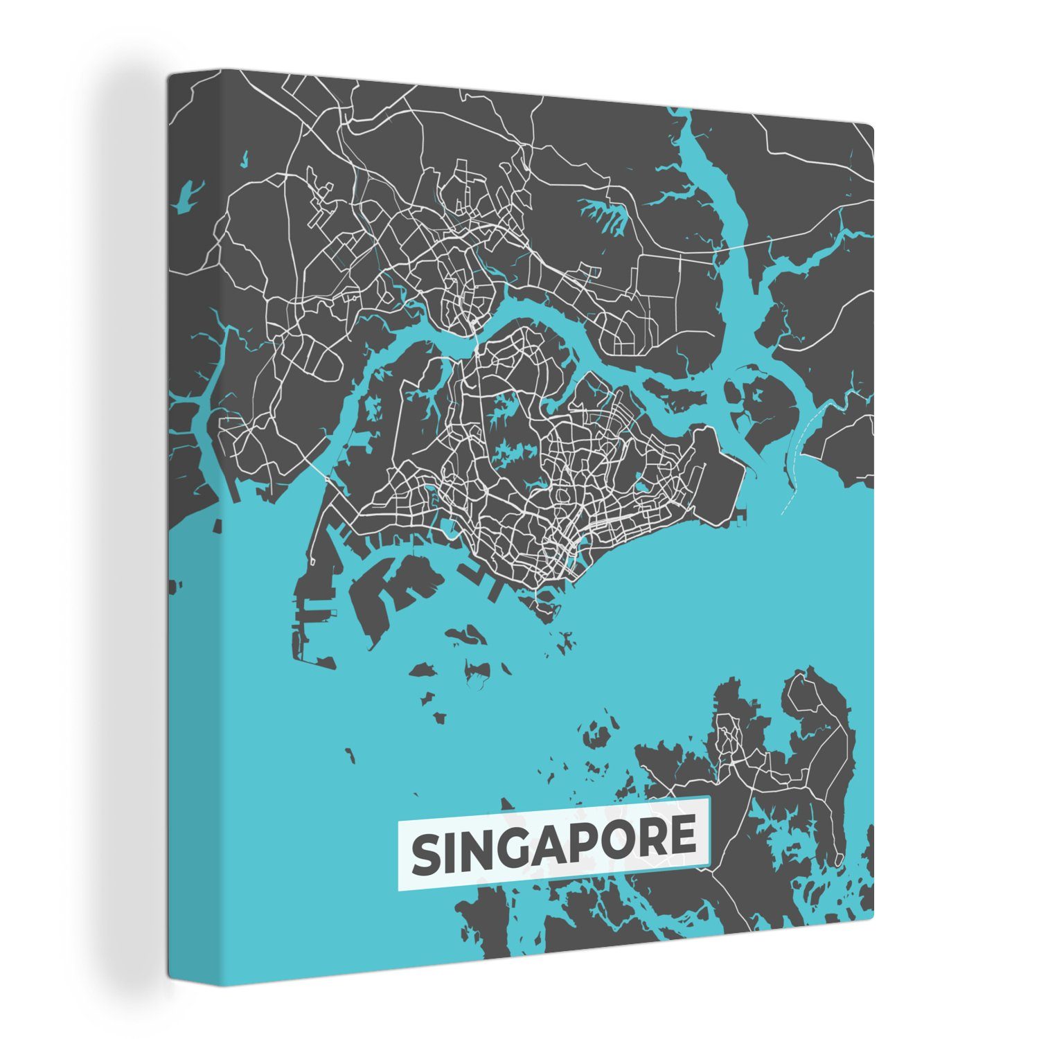 OneMillionCanvasses® Leinwandbild Singapur - Karte - Blau - Stadtplan, (1 St), Leinwand Bilder für Wohnzimmer Schlafzimmer