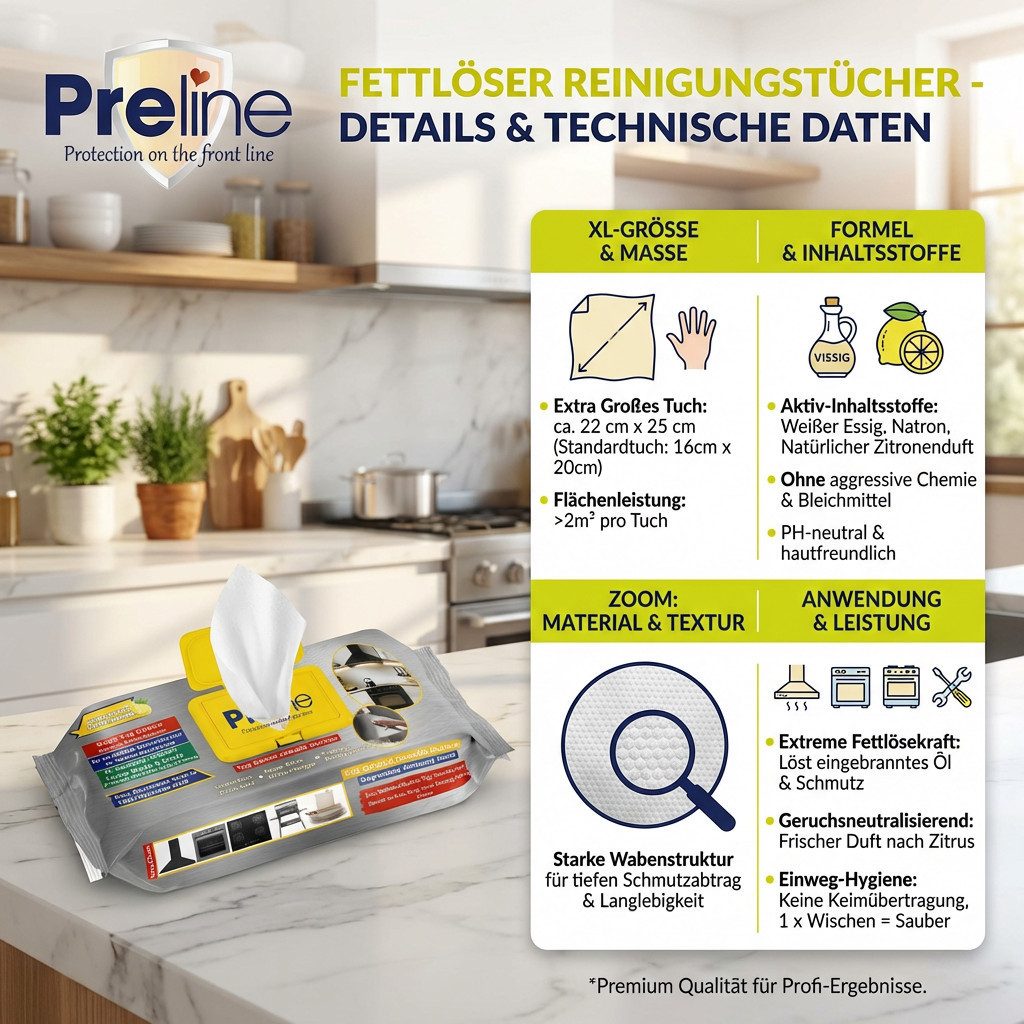 Preline Fettlöser Tücher XL - Für Küche & Herd - Starke Einwegputztücher Reinigungstücher (Packung, 6-tlg., 60 Stück)