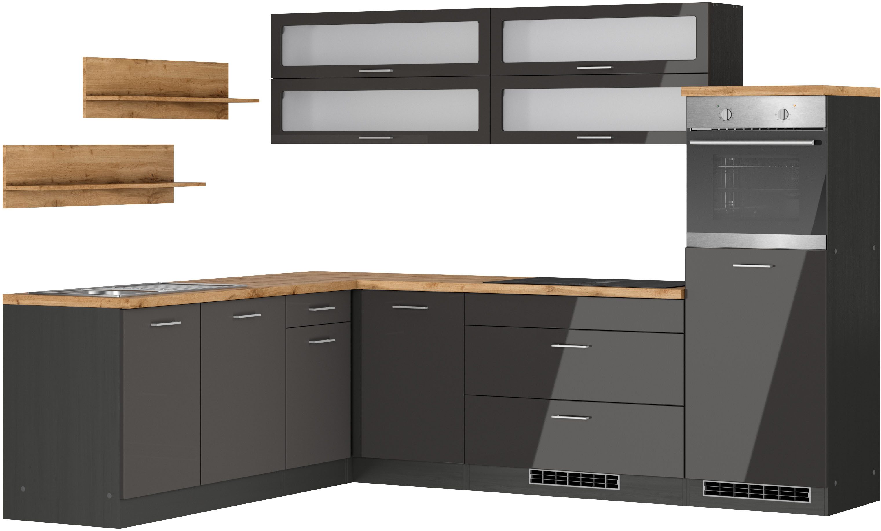 KOCHSTATION Winkelküche KS-Milan, optional mit Muldenlüfter, Stellbr.270/220 cm, wahlweise mit E-Geräten, Kochfeld mit Dunstabzug