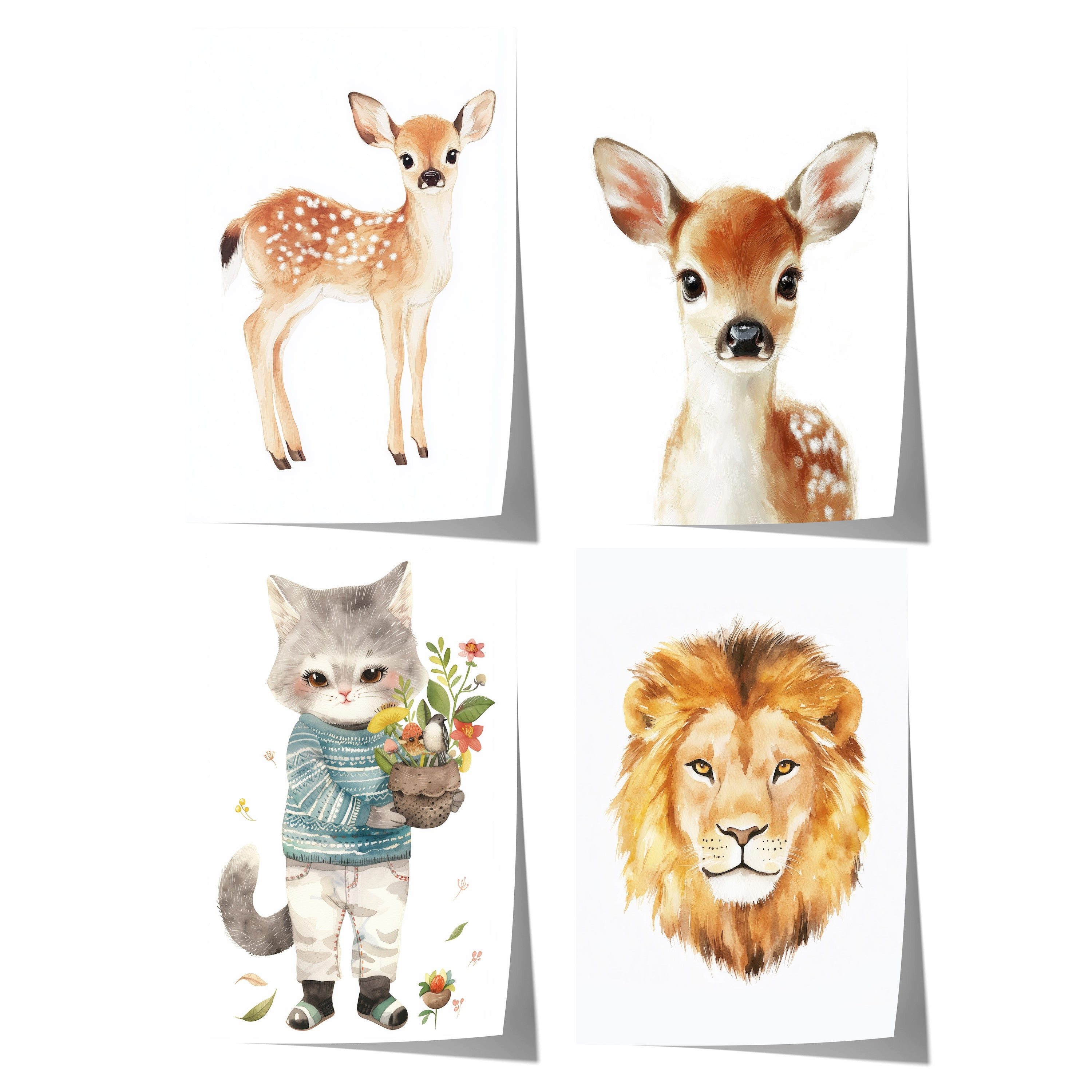 JUSTGOODMOOD Poster Tiere Kinderzimmer Süß Aquarell Reh Katze Löwe Kinderzimmer Bilder Wan, A (1 St)
