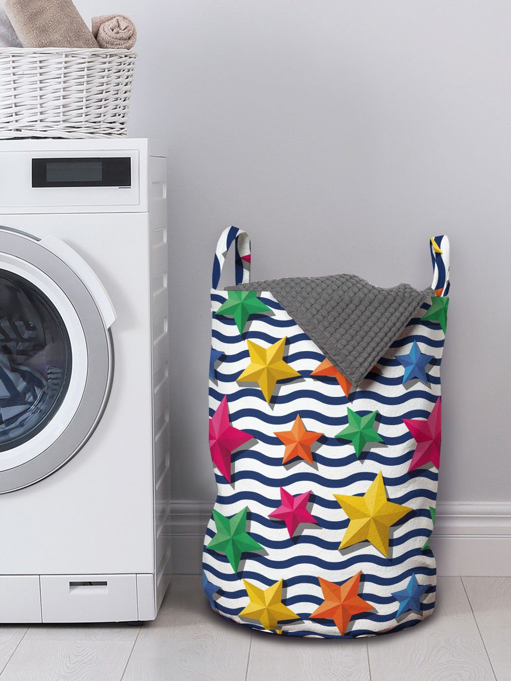 Wäschesäckchen Waschsalons, mit Nautisch Abakuhaus 3D Sterne Kordelzugverschluss gewellte Griffen Streifen Wäschekorb für