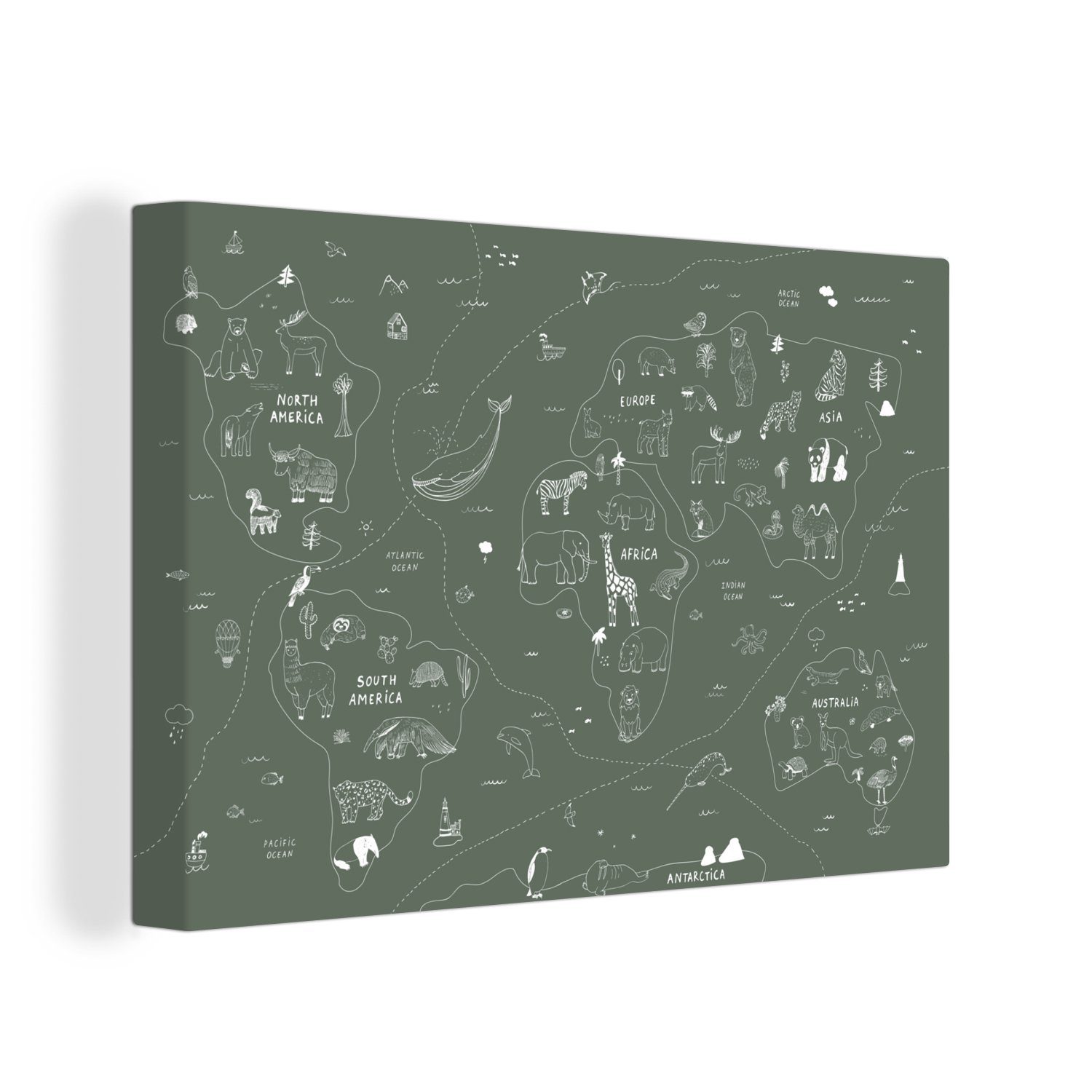 OneMillionCanvasses® Leinwandbild Karte - Welt - Kinder - Grün, (1 St), Wandbild Leinwandbilder, Aufhängefertig, Wanddeko, 30x20 cm