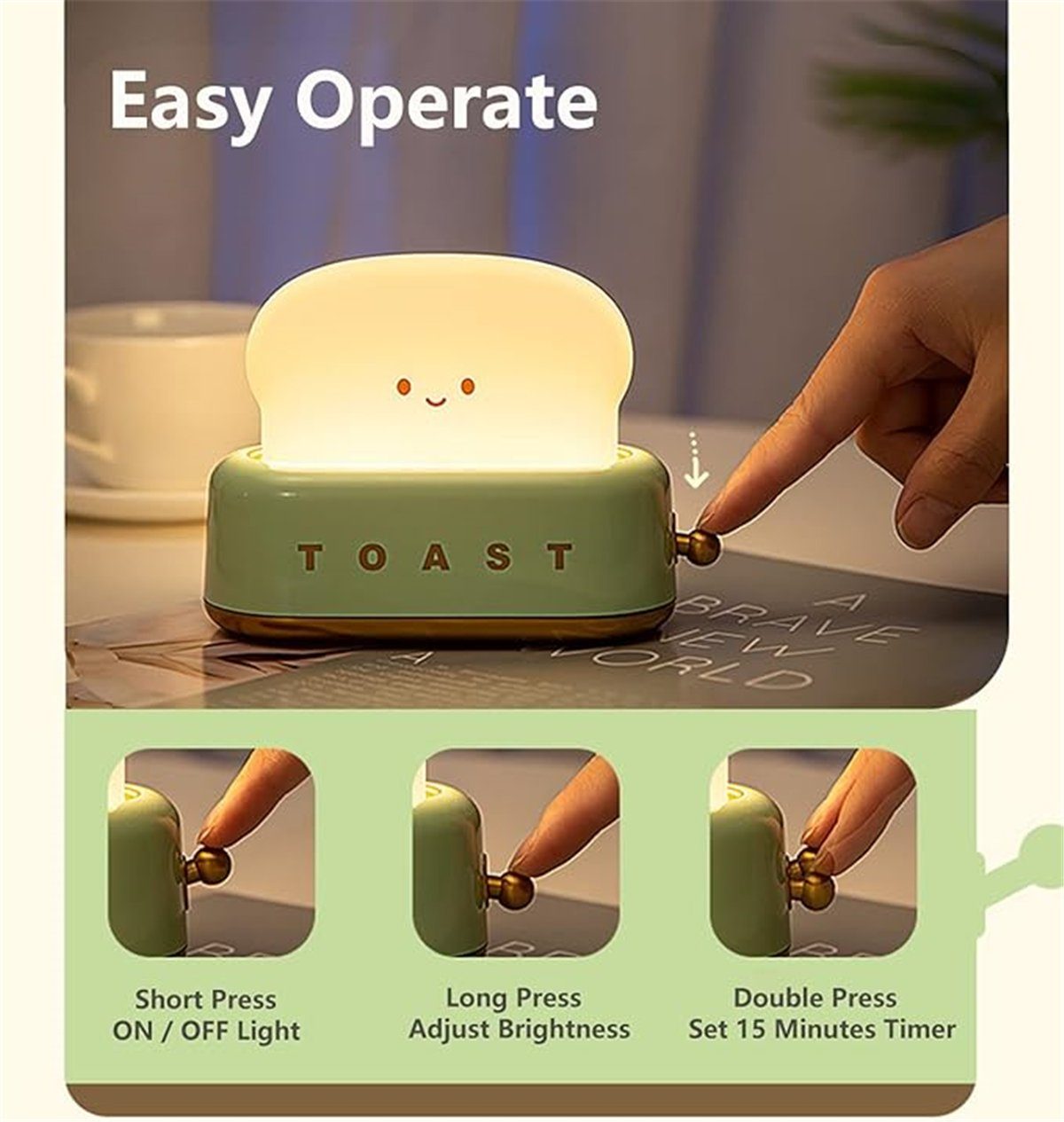 K&B LED Nachtlicht Toaster LED-Nachtlicht, Timer-Funktion Grün wiederaufladbar, dimmbar mit