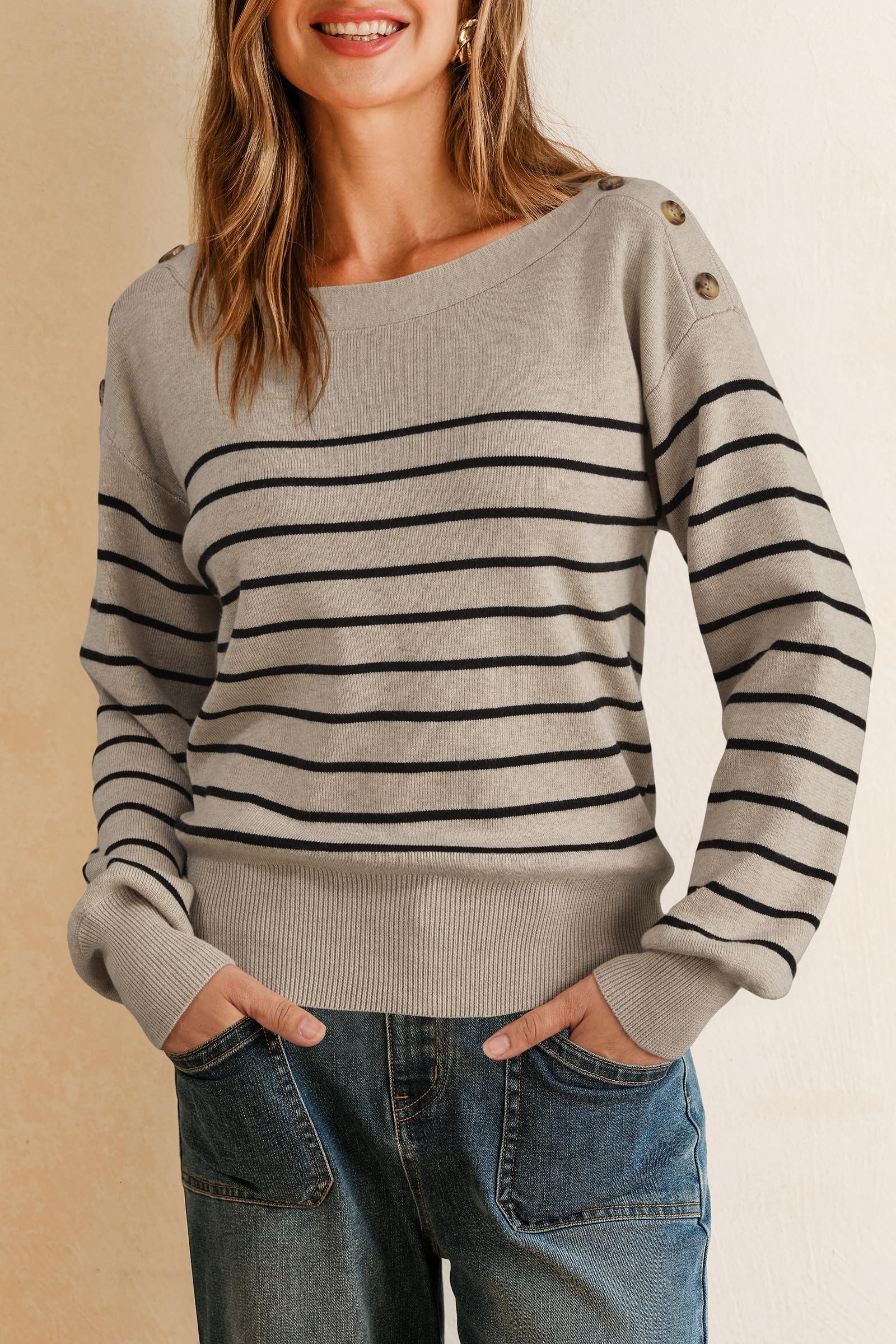 Arach&Cloz Sweater Arach&Cloz Damen Pullover Wollmischung Gestreifter U-Boo günstig online kaufen