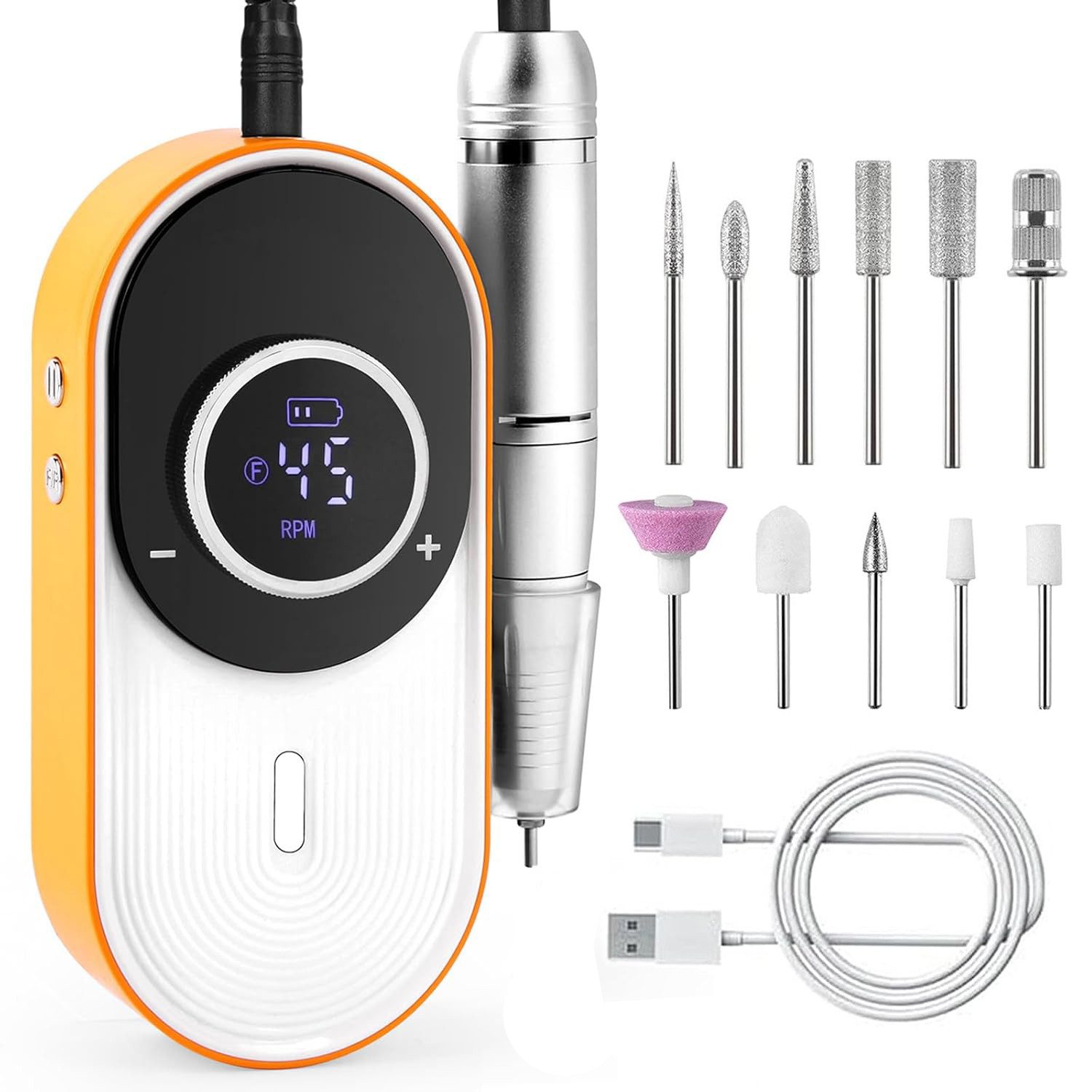 OYLCDI Maniküre-Pediküre-Set Kabelloses tragbares Maniküreset,elektrische Maniküre mit Ladestation, Nagelgerät mit LCD Display, 6 Bits + Schleifhülsen,45000 hohe U/min, Links/Rechtslauf, USB-C Akku, Maniküre & Pediküre für Zuhause & Salon