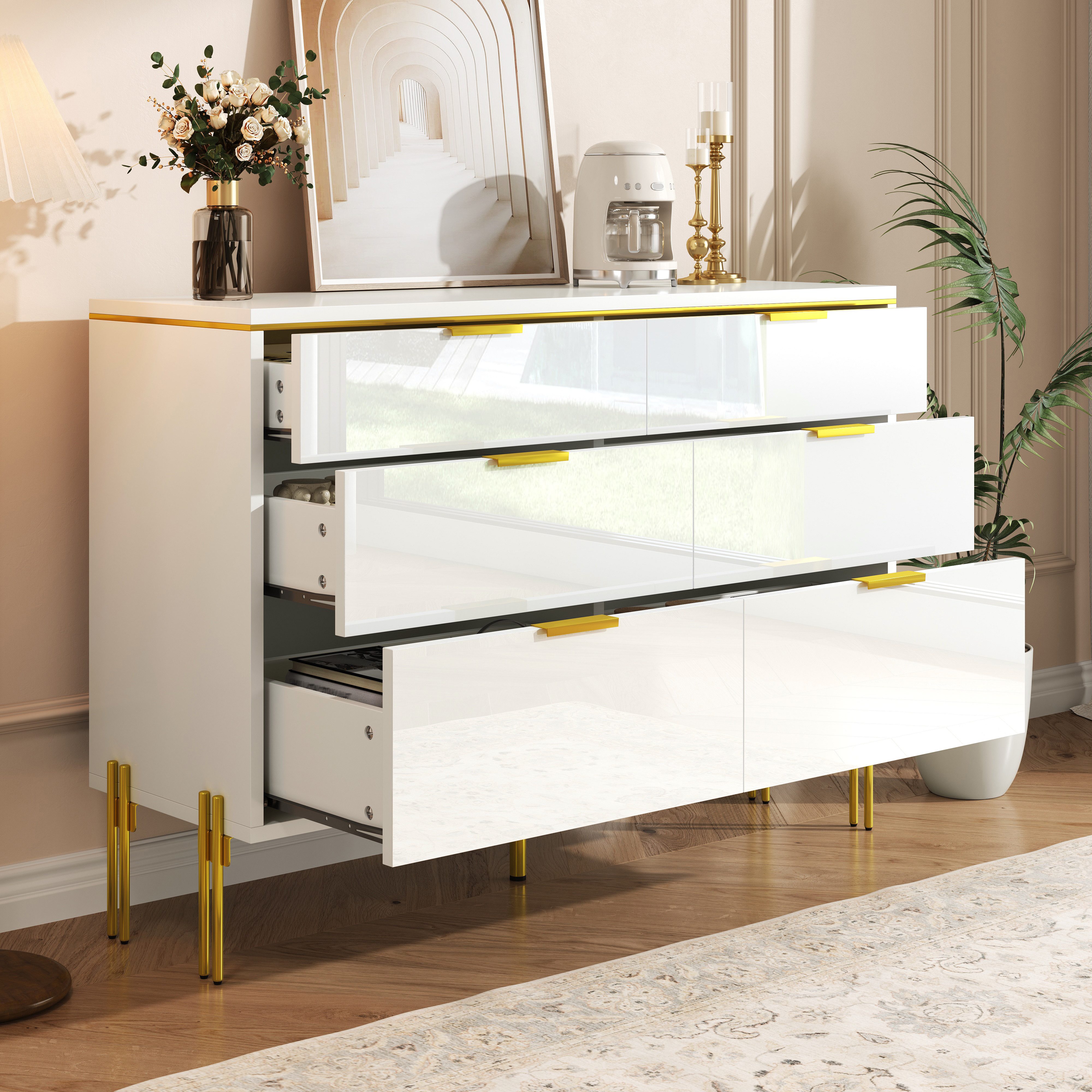 OKWISH Sideboard Moderner Sideboard-Schrank,stilvolles Aufbewahrungsmöbel (Packung, 1 St., mit 6 Schubladen, Hochglanz-Fronten), Weiß-goldenes Farbschema für Wohnzimmer, Esszimmer und Flure.